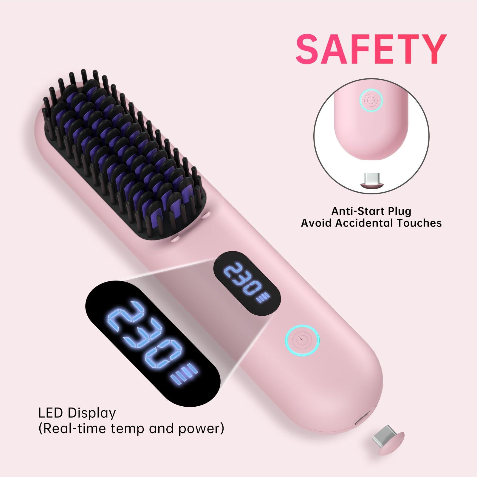 Cordless Hair Straightener Brush - Portable Straightener Brush with 9 Temp Settings, Mini Straightening Comb for Travel, 9600mAh Rechargeable Batt & 224 Million Negative Ions (Pink) - Image 6