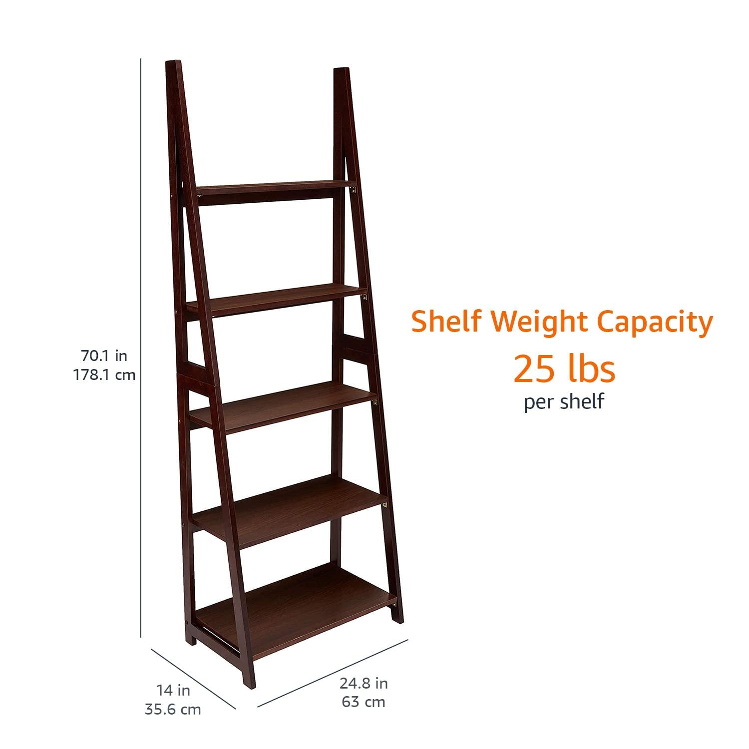 Amazon Basics Ladder Bookshelf Organizer, Solid Rubberwood Frame, Espresso Finish, 5 Shelves, 14" D x 24.8" W x 70.1" H - Image 3