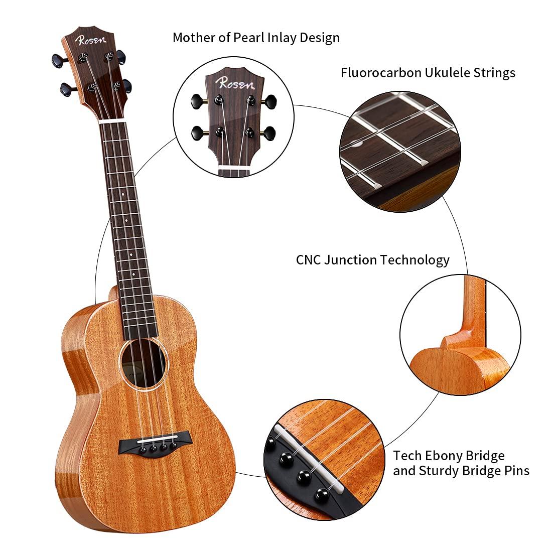 Rosen Concert Ukulele Solid Mahogany 23 inch Professional Ukelele Starter Bundle Kit with Lesson Book Gig Bag Tuner Capo Picks Strings - Image 3