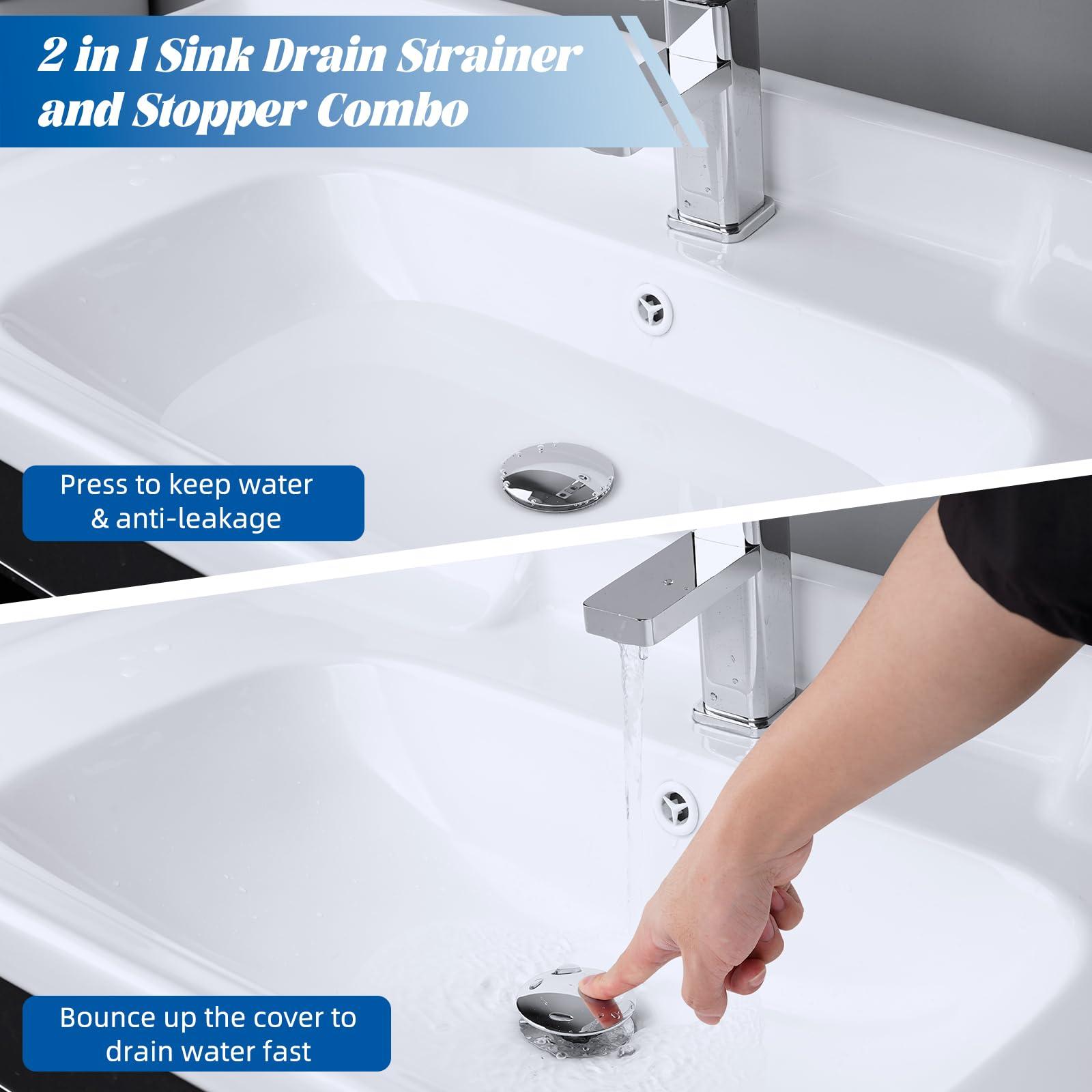 Hibbent All Metal 2 in 1 Bathroom Sink Stopper, Universal Pop Up Drain Strainer, Brass Bullet Core Push Type Sink Stopper for 1.1''~2.3'' Basin, Big Push Button, Anti Clogging Drain Filter, Chrome - Image 4