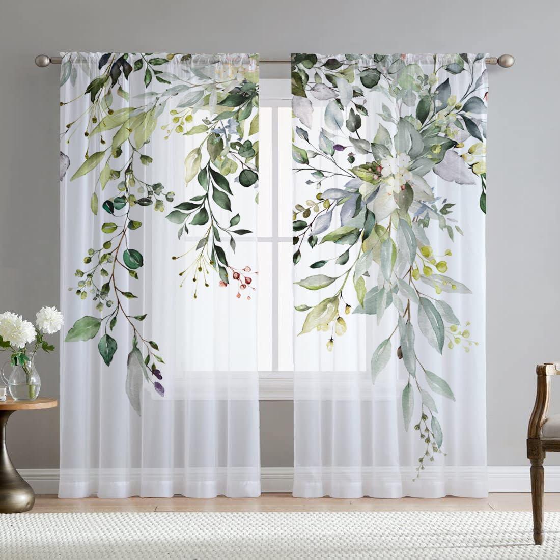 Fereyis Green Eucalyptus Leaves Sheer Curtains for Living Room 84 inch Length 2 Panels Set Elegant Wild Flower Floral Spring Printed Window Curtain Natural Chiffon Drapes for Bedroom