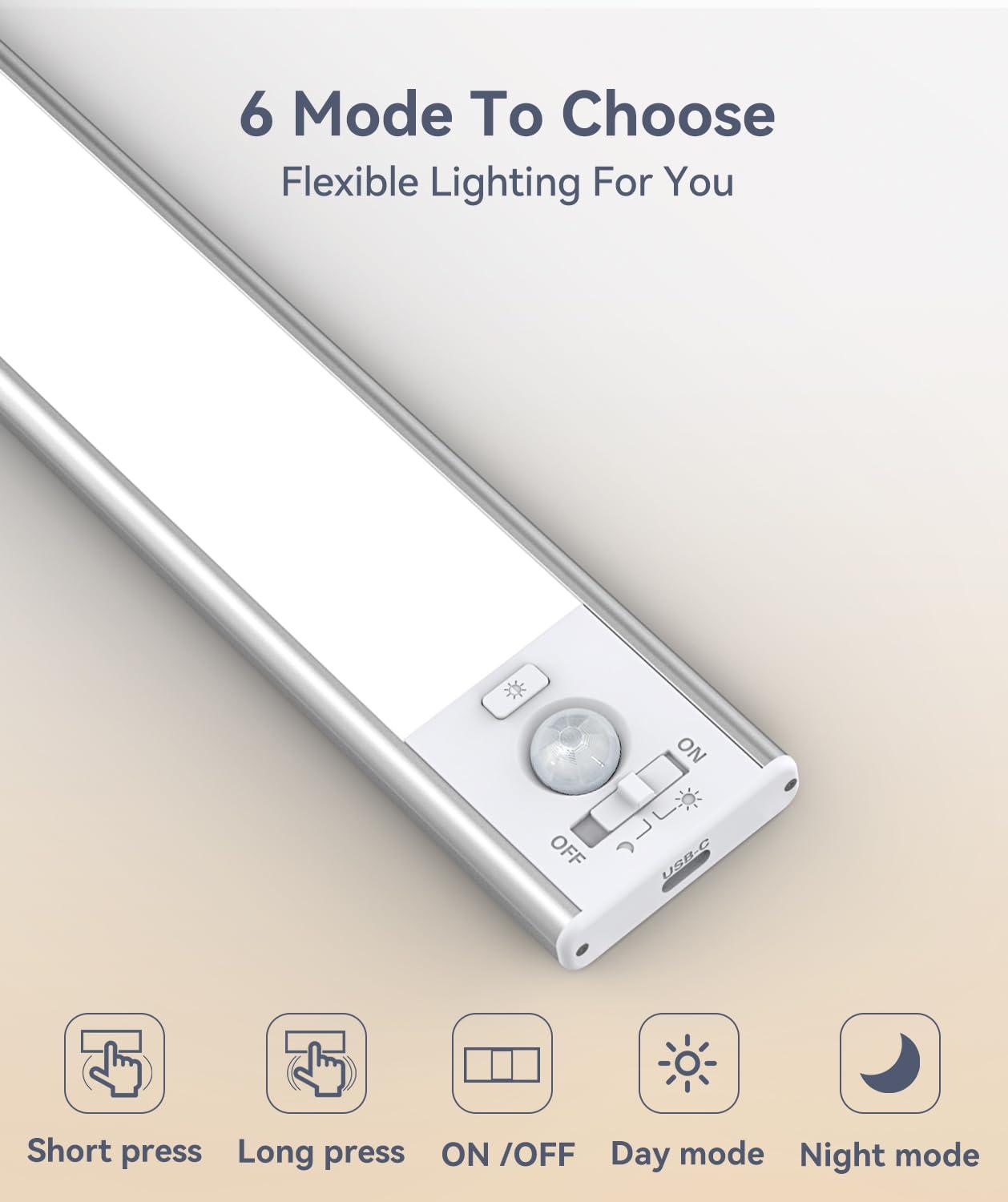 Under Cabinet Lighting, LED Motion Sensor Light Indoor, 2200mAh USB Rechargeable Closet Lights Battery Operated, Stick On Magnetic Wireless Dimmable Under Counter Lights for Kitchen, Stairs (2 Pack) - Image 4