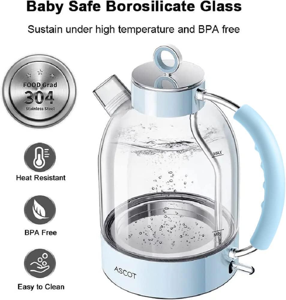 ASCOT Electric Kettle, Glass Electric Tea Kettle Gifts for Men/Women/Family 1.6L 1500W Borosilicate Glass Tea Heater, with Auto Shut-Off and Boil-Dry Protection (Blue) - Image 4