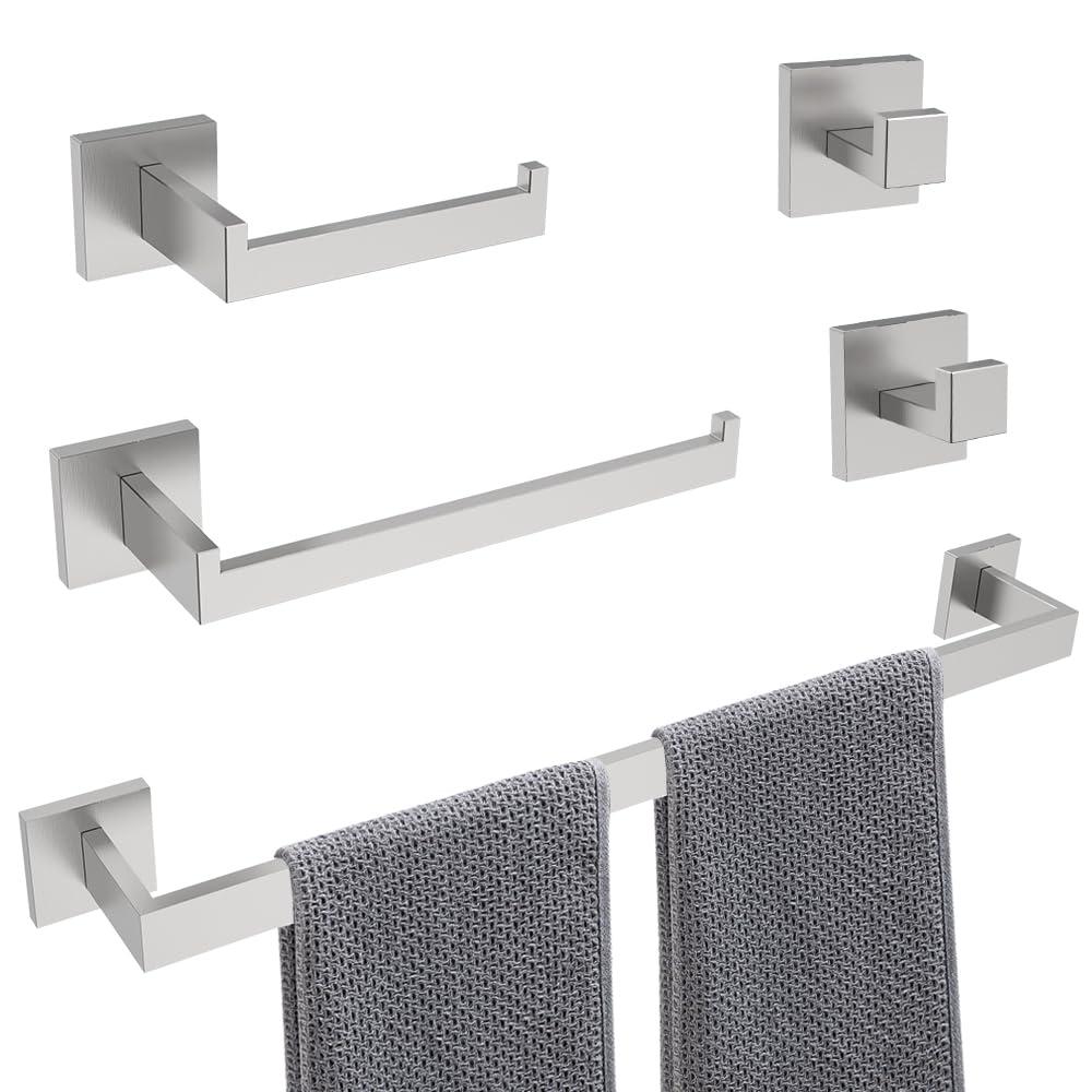 5-Piece Brushed Nickel Bathroom Hardware Set, Wall Mounted Thickened 304 Stainless Steel Towel Holder Set, Featuring 23.6" Towel Bar, Hand Towel Rack, Toilet Paper Holder, and 2 Towel Hooks