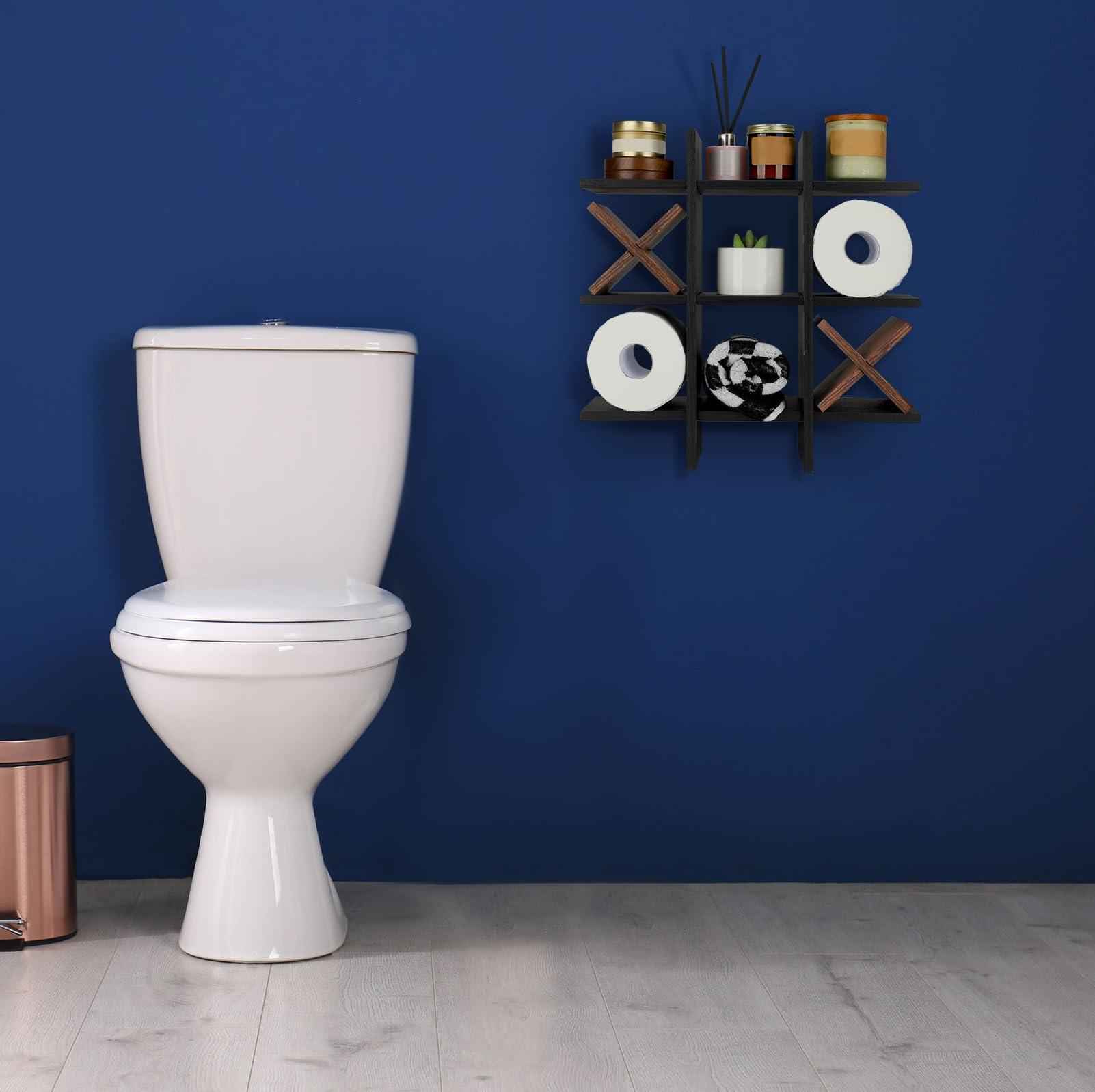 Weysat Tic Tac Toe Toilet Paper Holder Stand Bathroom Wall Decor Rustic Wooden Hanging Storage Freestanding Wall Mounted Shelves Decor for Toilet Tissue Farmhouse - Image 7