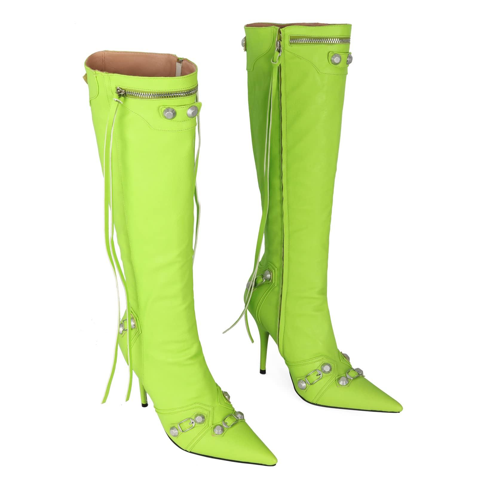 Kluolandi Women's Stiletto High Heel Knee High Boots with Tassel Pointy Toe Studded Zipper Booties Dress Shoes - Image 3