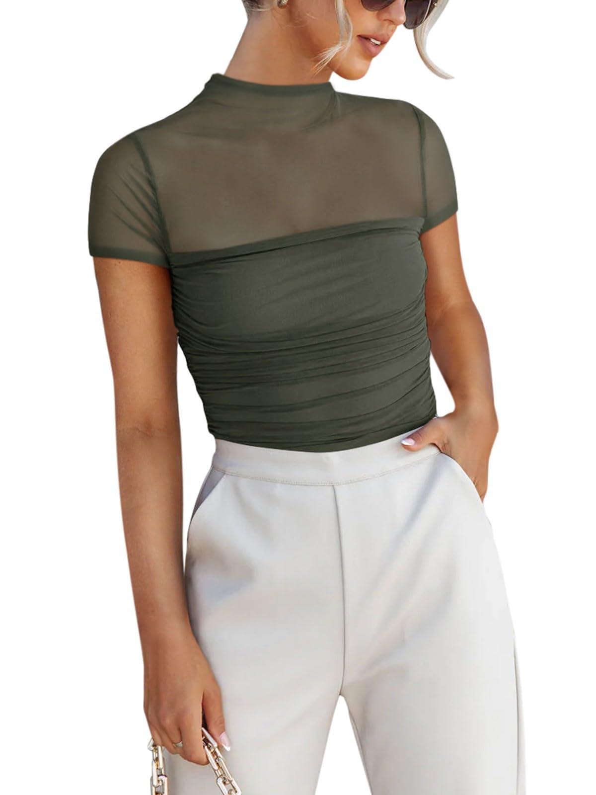 REORIA Women's Sexy Mock Turtle Neck Short Sleeve Shirts Sheer Mesh Ruched Trendy Going Out Bodysuits Tops