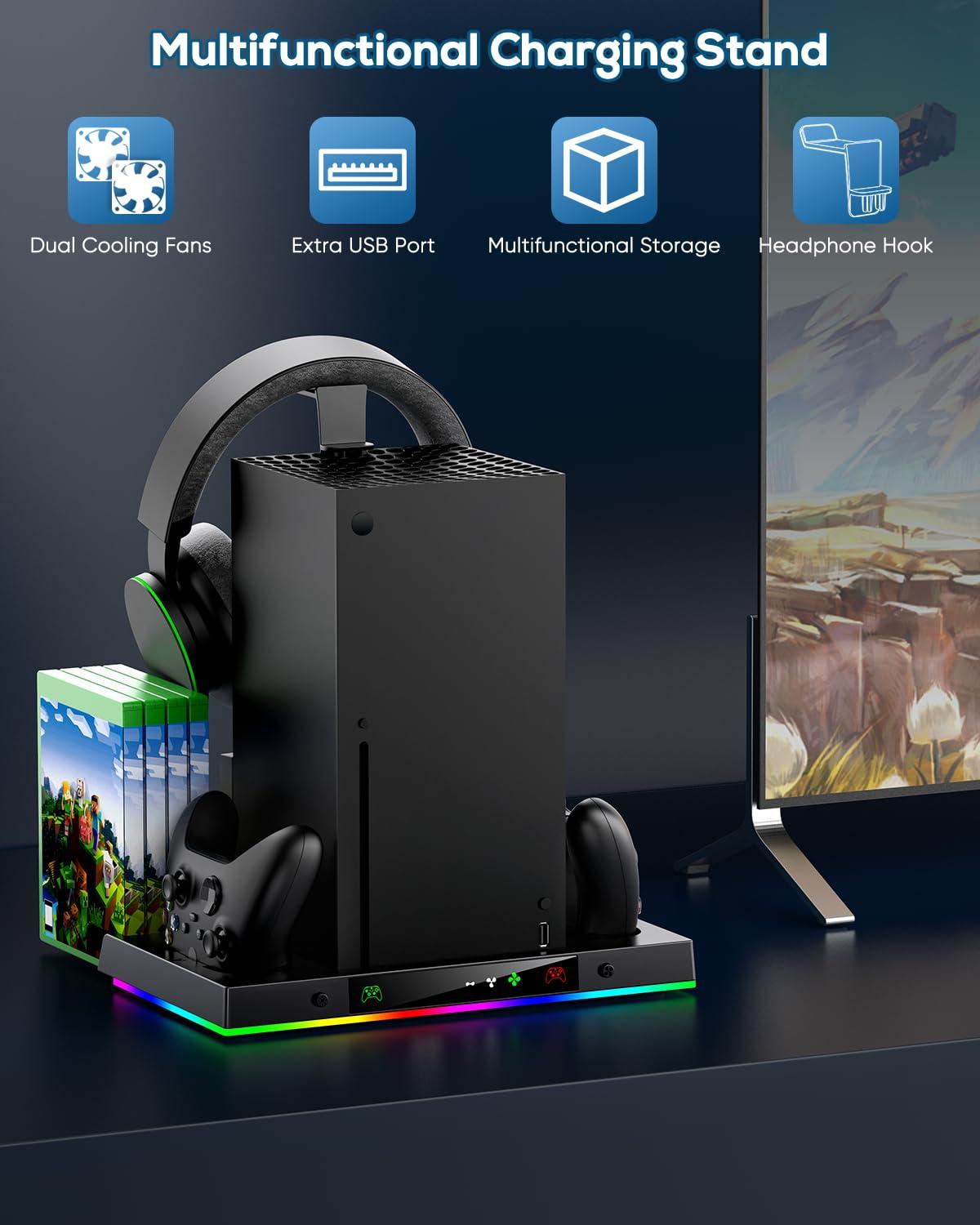 Upgrade Cooling Fan&Dual Charging Stand for Xbox Series X Console&Controller,Cooler Charger Station System for XSX with 15 RGB Light, 2x1400mAh Rechargeable Battery,Disc Accessories Storage (Black) - Image 5