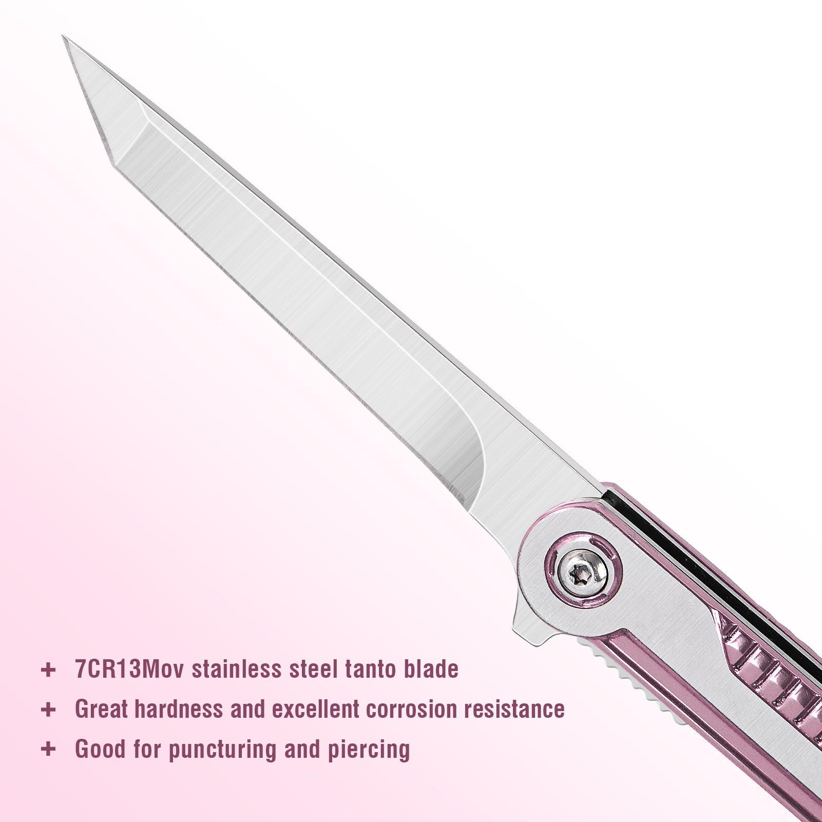 FUNBRO Pink Pocket Knife for Women - Slim EDC Knife with 7CR13Mov Steel Tanto Blade, Clip and Glass Breaker - Womens Knife for Camping - Cute Girl Survival Tool Pocket & Folding Knives - Image 3
