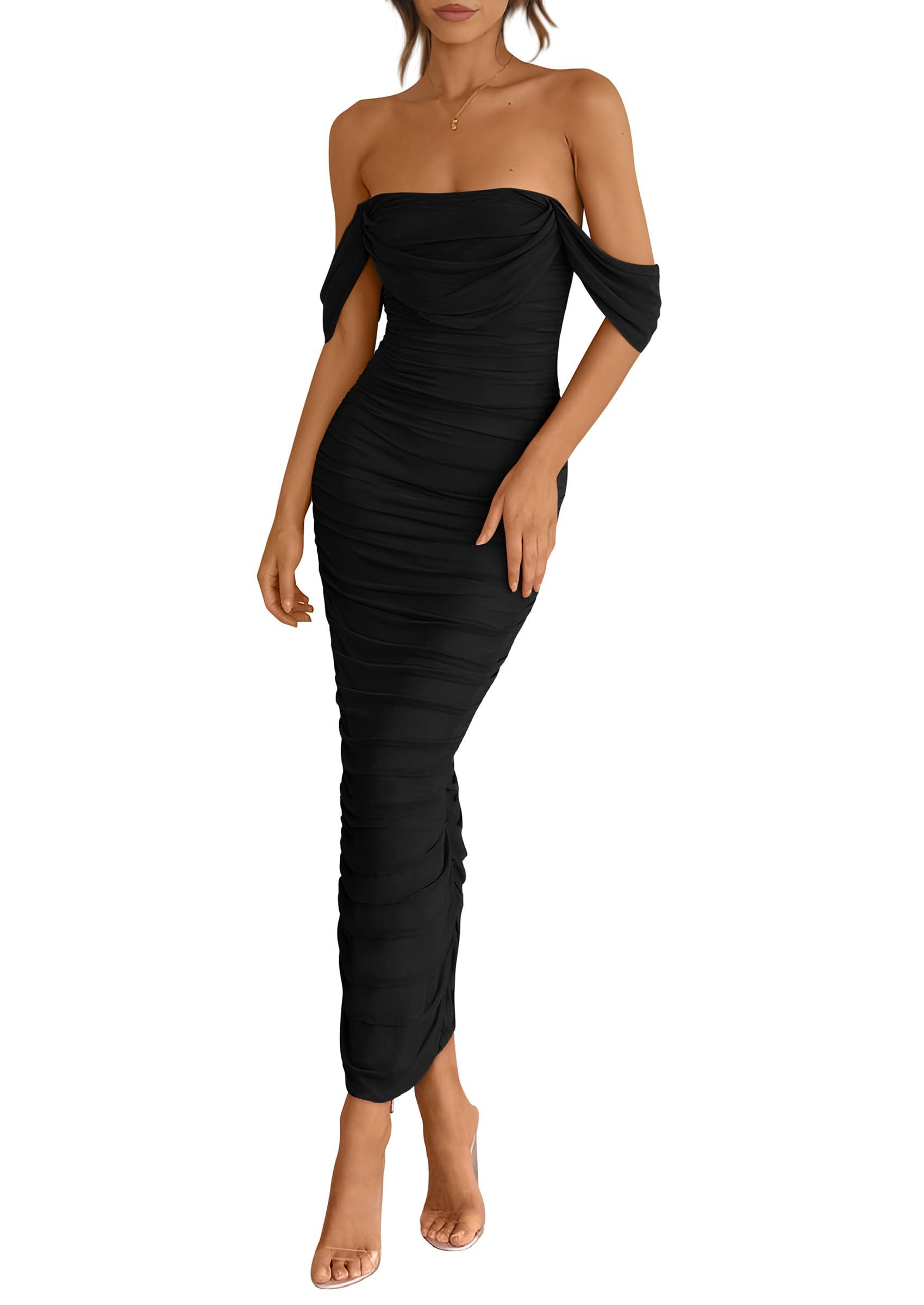PRETTYGARDEN Womens 2025 Summer Off The Shoulder Dress Ruched Bodycon Sleeveless Split Cocktail Party Maxi Dresses