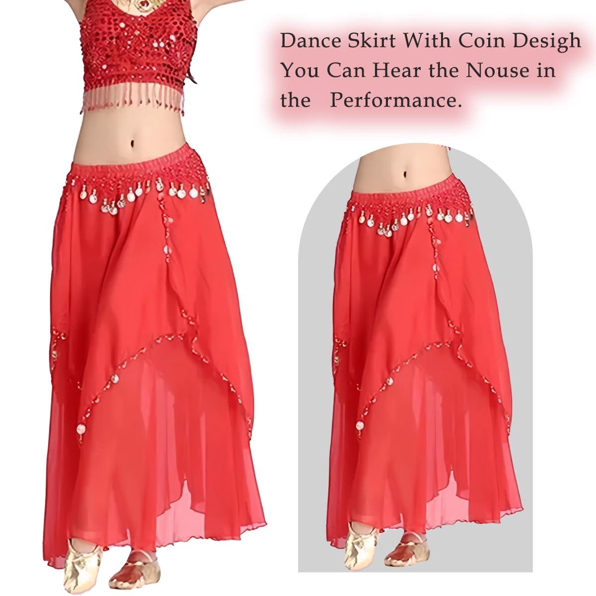 Tefrica Women's Chiffon Belly Dance Costume Skirts Indian Dance Skirt with Coins - Image 2