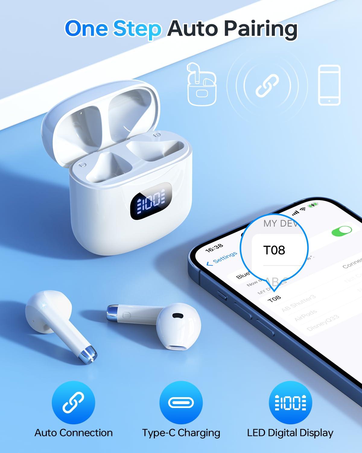 KTGEE Wireless Earbuds Bluetooth 5.3 Headphones, 40Hrs Playback Stereo Ear Buds with LED Display Charging Case IPX7 Waterproof in-Ear Earphones with Mic for Phone Tablet Laptop Sports, White - Image 2