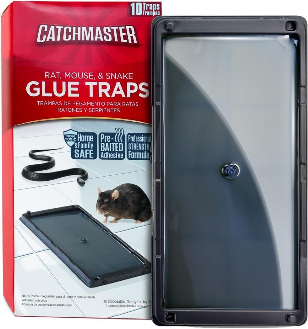 Catchmaster Rat, Snake and Mouse Traps 10Pk, Large Bulk Glue Rat Traps for Home, Pre-Scented Adhesive Plastic Tray for Inside House, Snake, Mice, & Spider Catcher, Pet Safe Pest Control