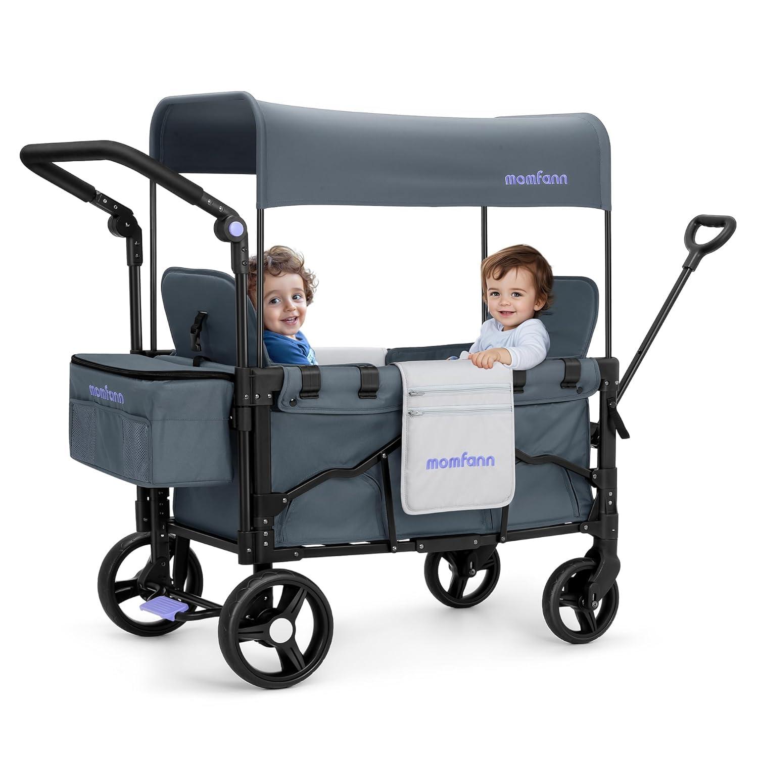 MOMFANN Double-Seater Baby Wagon with Canopy, Push Pull Stroller with Adjustable Handle, Wagon Stroller for 2 Kids & Outdoor Adventures (Dark Grey)
