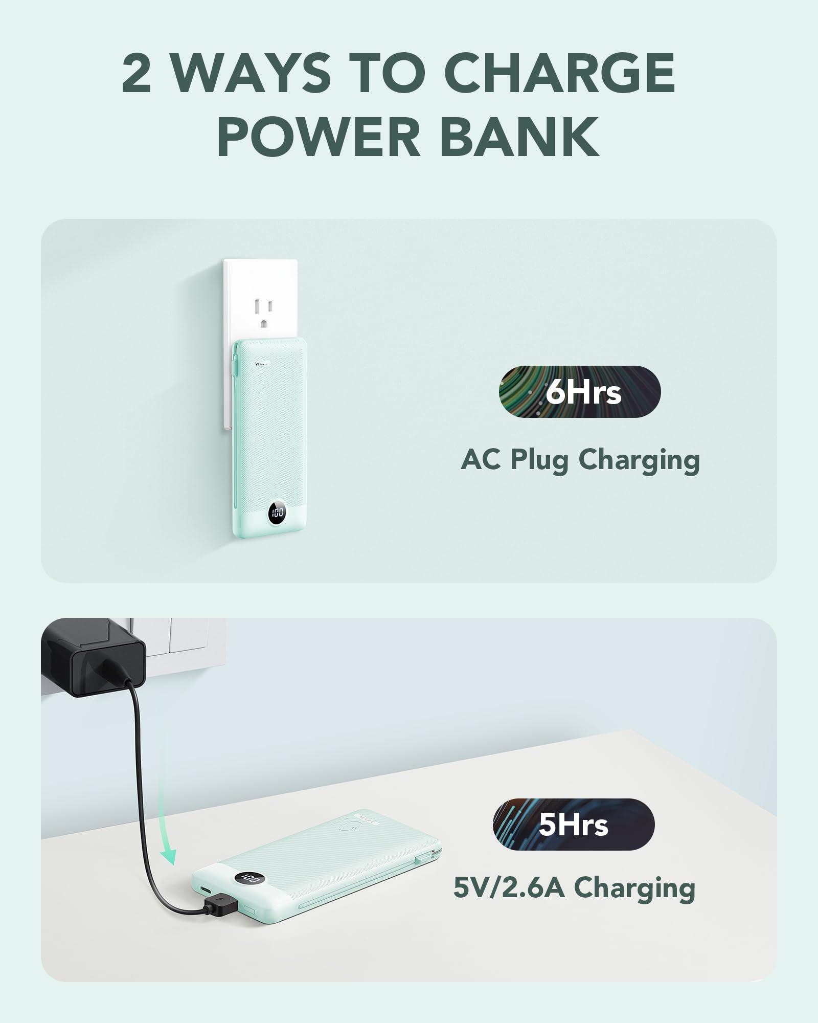 VRURC Portable Charger Built-in Cables and AC Wall Plug, USB C Power Bank 10000mAh, Travel Battery Portable Phone Charger Compact Lightweight External Battery Pack for Smart Phones, Tablets etc-Green - Image 5