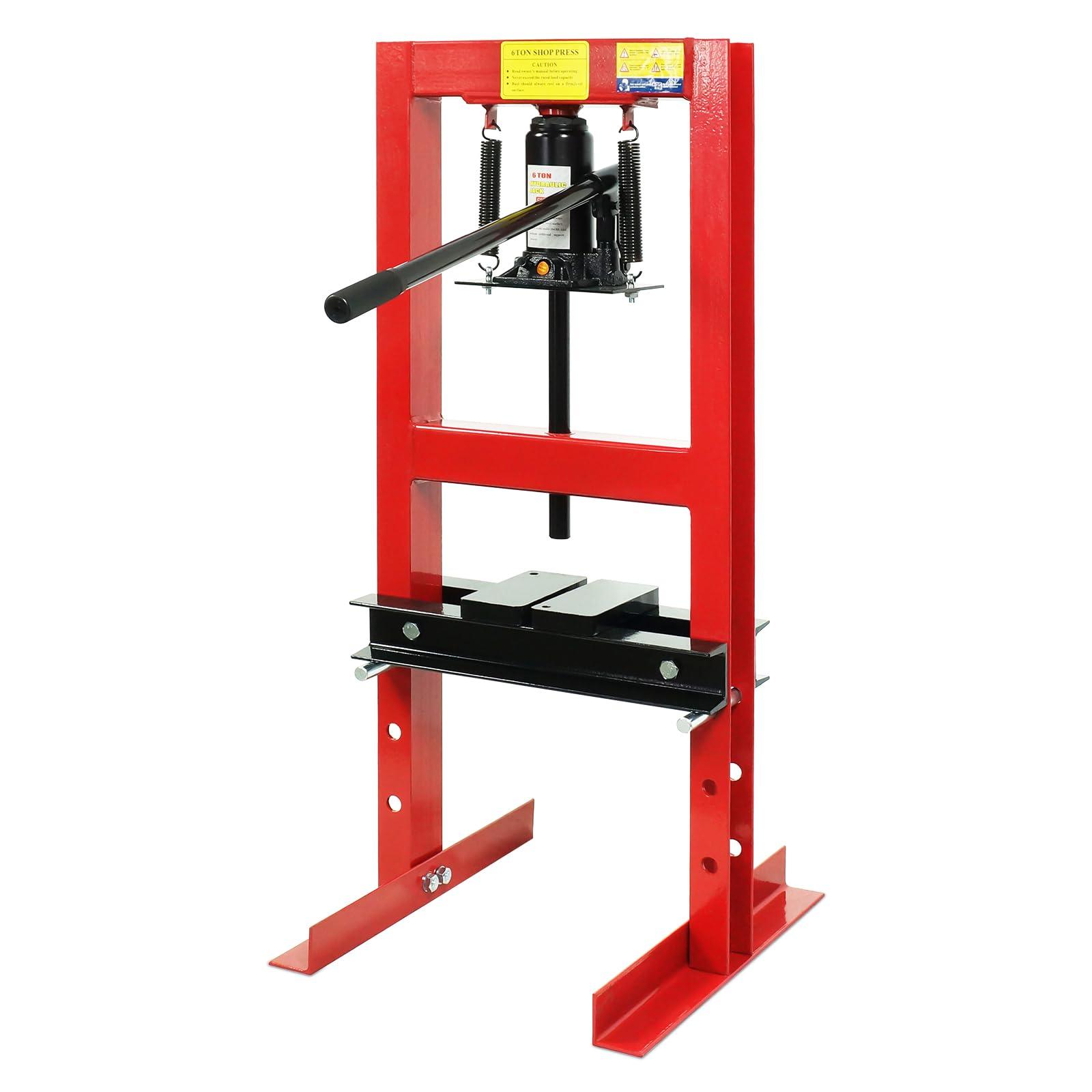 6 Ton Hydraulic Press - Adjustable Height H-Frame Heavy-Duty Shop Press with Press Plates | Benchtop & Floor Hydraulic Press for Gears, Bearings, and Metalworking | Easy to Operate, Red