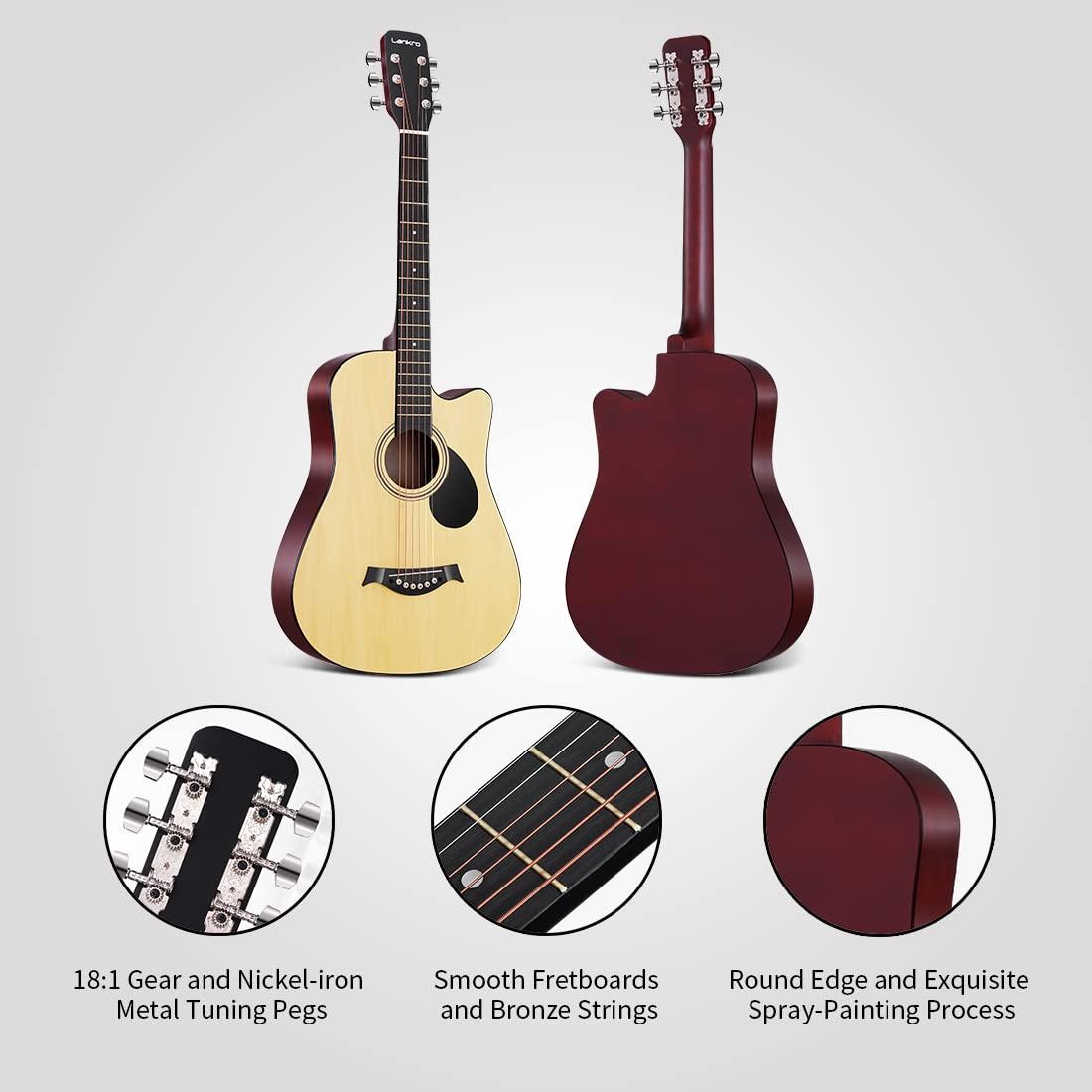 Lankro 38 in Guitar Acoustic Guitar Beginner kit Adult Cutaway Acoustic Guitar Guitarras Starter Set Bundle with Padded Gig Bag, Strap, Capo, Strings, Picks - Image 2