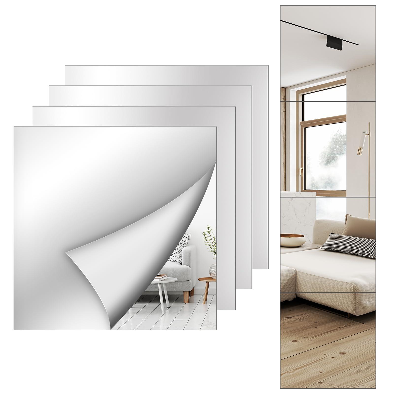 Shiftshade 4 Pack Wall Mirror Full Length, 12 x 12 Inch Acrylic Mirror Tiles, Shatterproof Flexible Plastic Mirror Sheets for Bedroom Home Gym Door