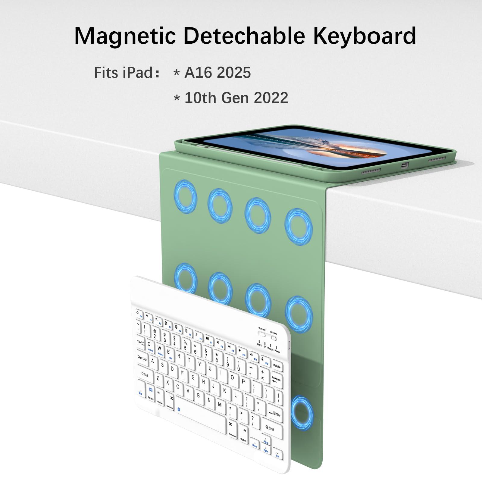 Divufus Keyboard Case for iPad 11th Generation (A16) 2025, for iPad 10th Generation 2022 [Magnetic Detachable Wireless Keyboard][Support 3 System] Folio Case with Pencil Holder, Light Green - Image 3