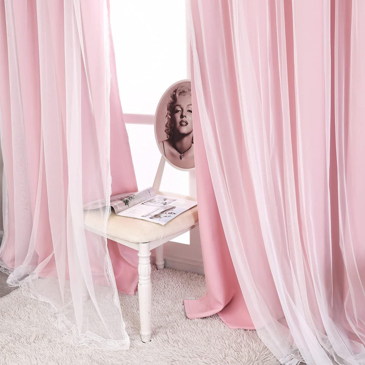 SOFJAGETQ Double Layered Blackout Pink Curtains 2 Panels - Princess Draperies for Girl's Bedroom Living Room Nursery Pink Lace Hem Room Darkening Curtains, 52x84 inches - Image 5
