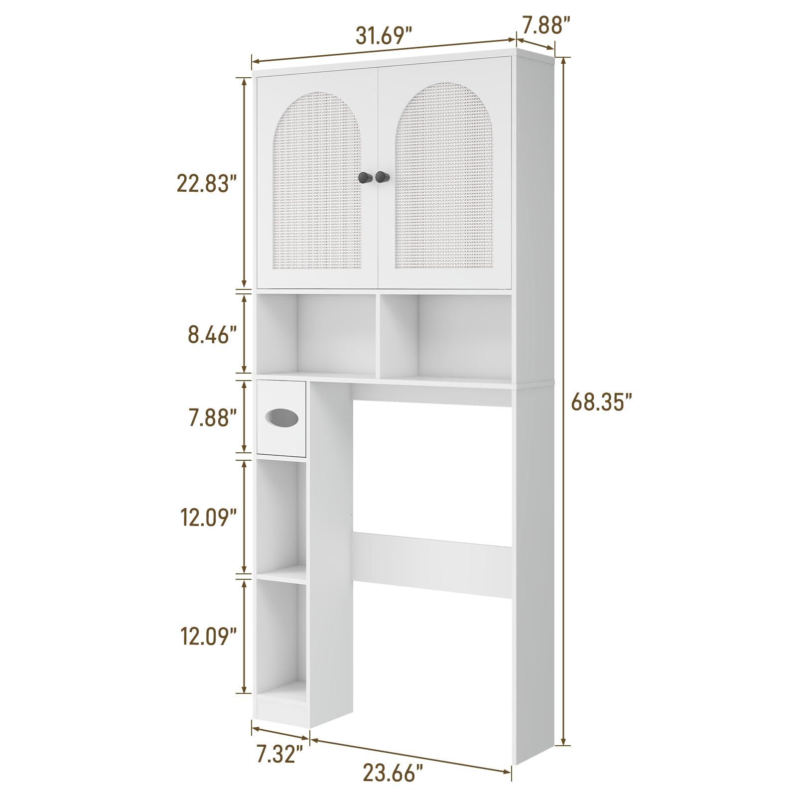 Vabches Over The Toilet Storage Cabinet, Rattan Storage Cabinet Over Toilet with 2 Doors & Toilet Paper Holder Stand, Freestanding Toilet Shelf Space Save with Anti-Tip Design Adjustable Shelf, White - Image 2