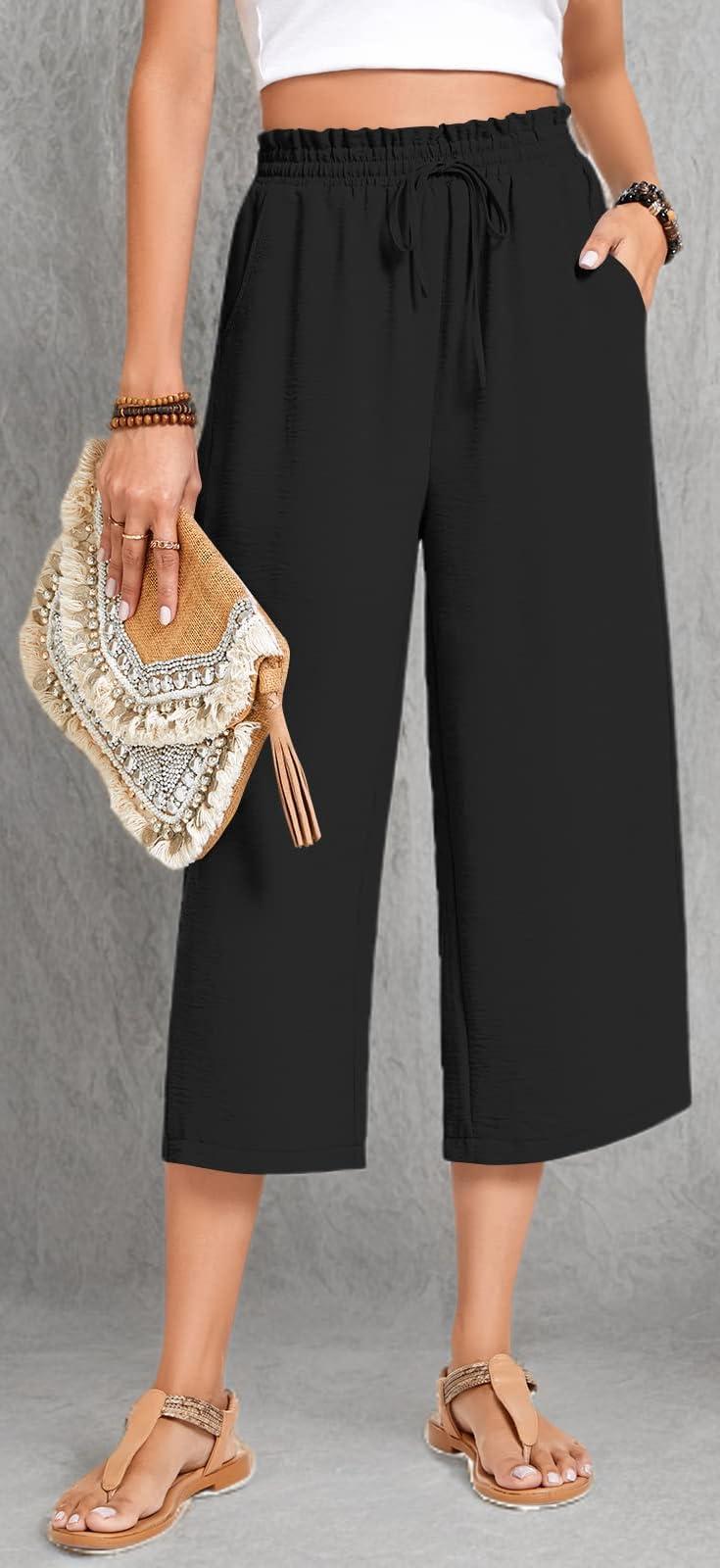 Anyhold Womens Capri Pants Loose High Waisted Wide Leg Lounge Pants Drawstring Casual Palazzo Trousers with Pockets - Image 6
