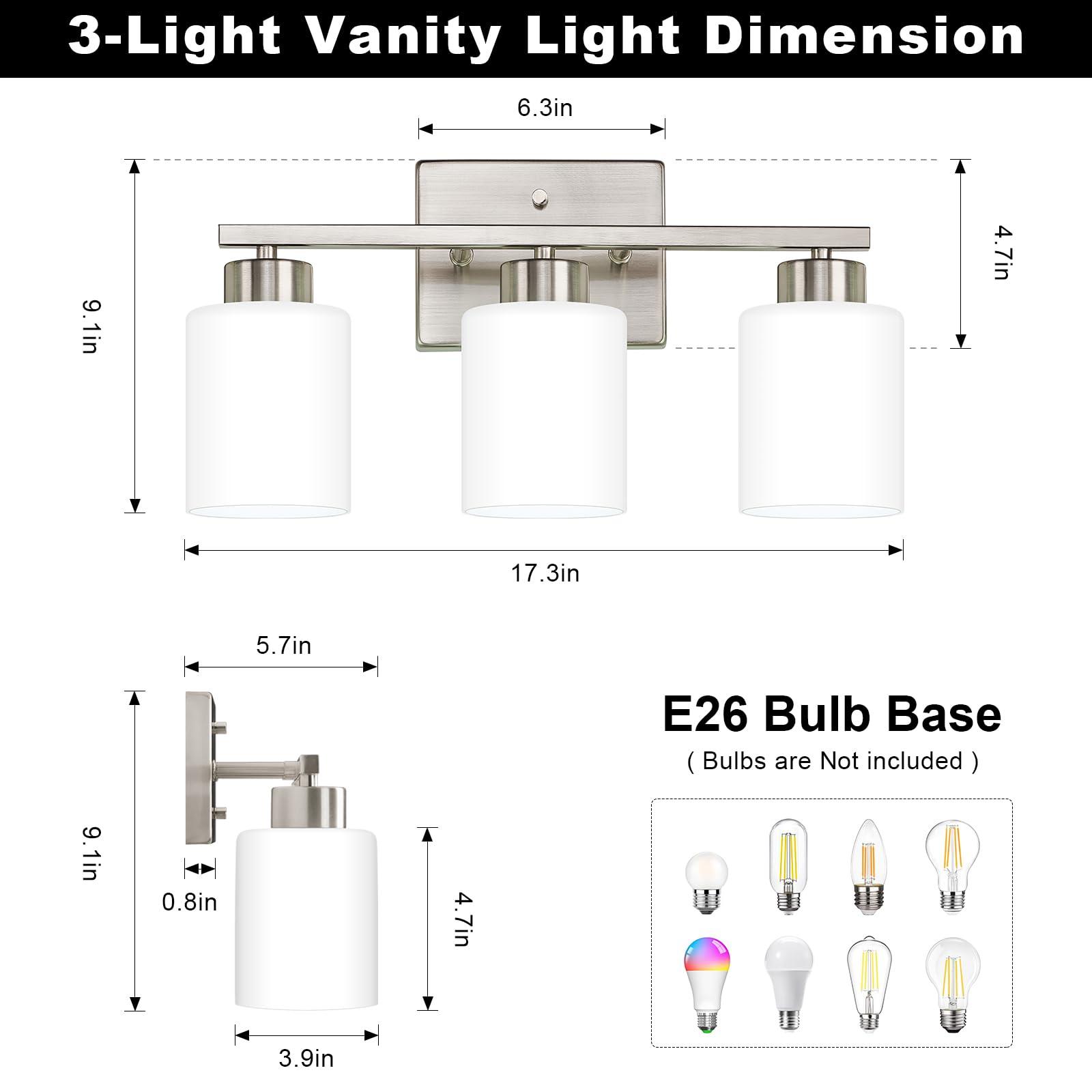 FonmYim Brushed Nickel Bathroom Light Fixtures, 3-Light Modern Vanity Light Over Mirror, Wall Sconces with Milky White Frosted Glass Shades, E26 Socket (Bulbs Not Included) - Image 2