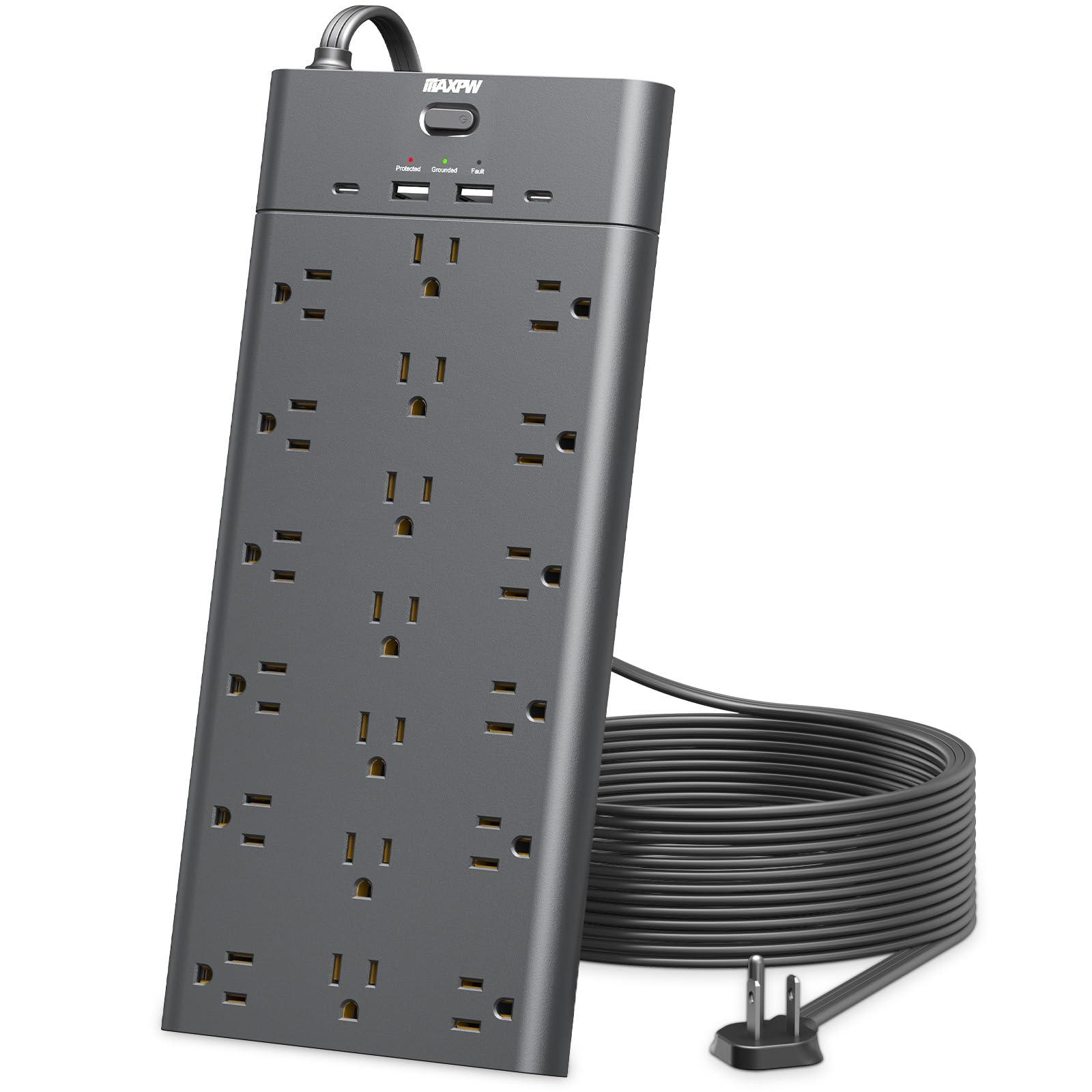 Power Strip Surge Protector Outlet Extender with 19 Outlets and 4 USB Ports (2 USB C), 10 Ft Extension Cord & Flat Plug, 2100 Joules, Wall Mount for Home, Office, Dorm, Black