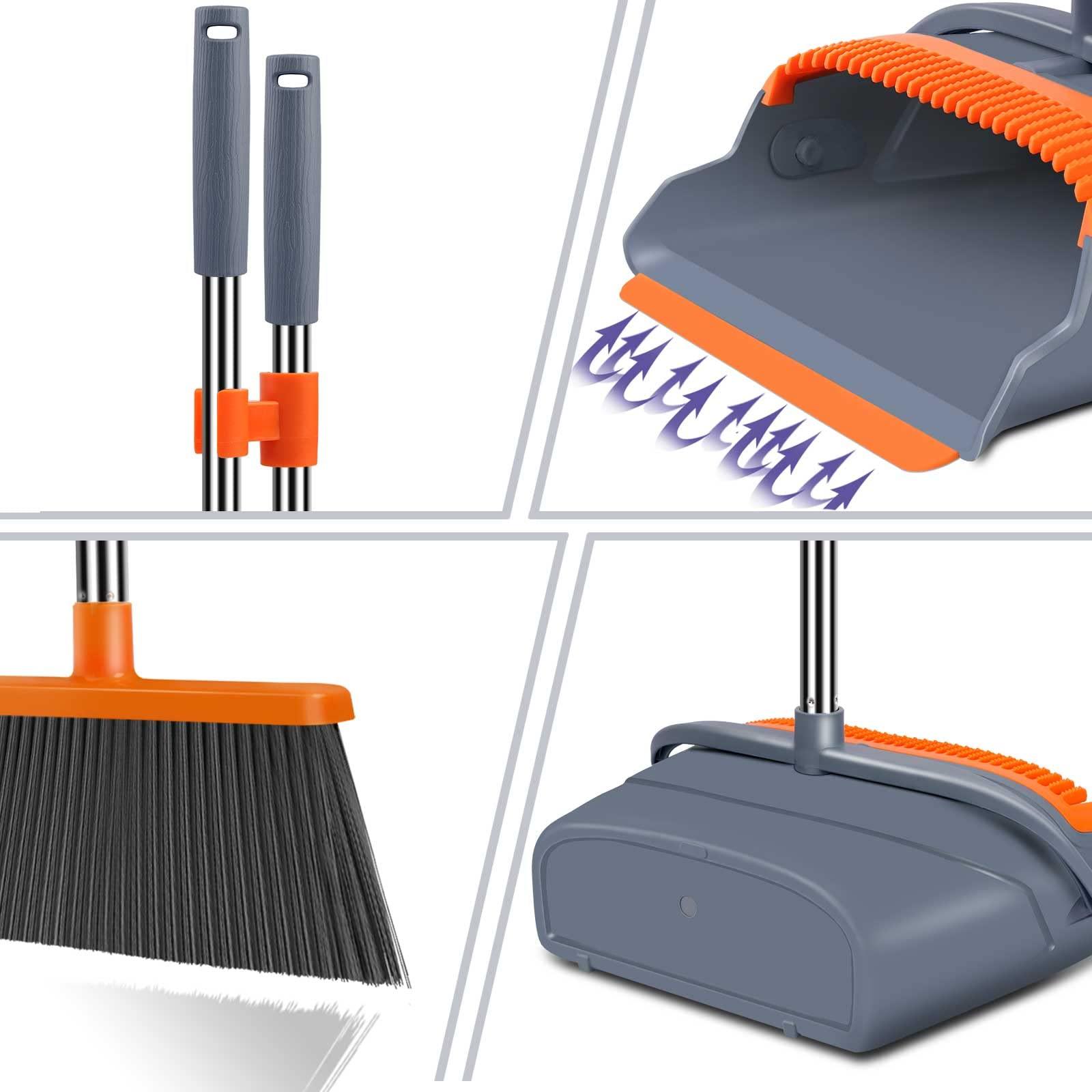 kelamayi Upgrade Broom and Dustpan Set, Self-Cleaning with Dustpan Teeth, Indoor&Outdoor Sweeping, Ideal for Dog Cat Pets Home Use, Stand Up Broom and Dustpan (Gray&Orange) - Image 4