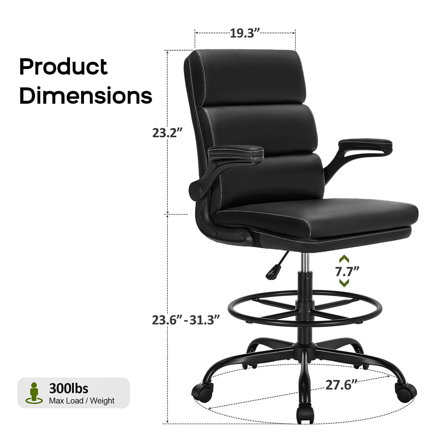 Drafting Chair Tall Office Chair with Padded Flip-up Armrests Executive Ergonomic Computer Standing Desk Chair with Comfortable Leather Backrest and Adjustable Footrest Ring (Black) - Image 2