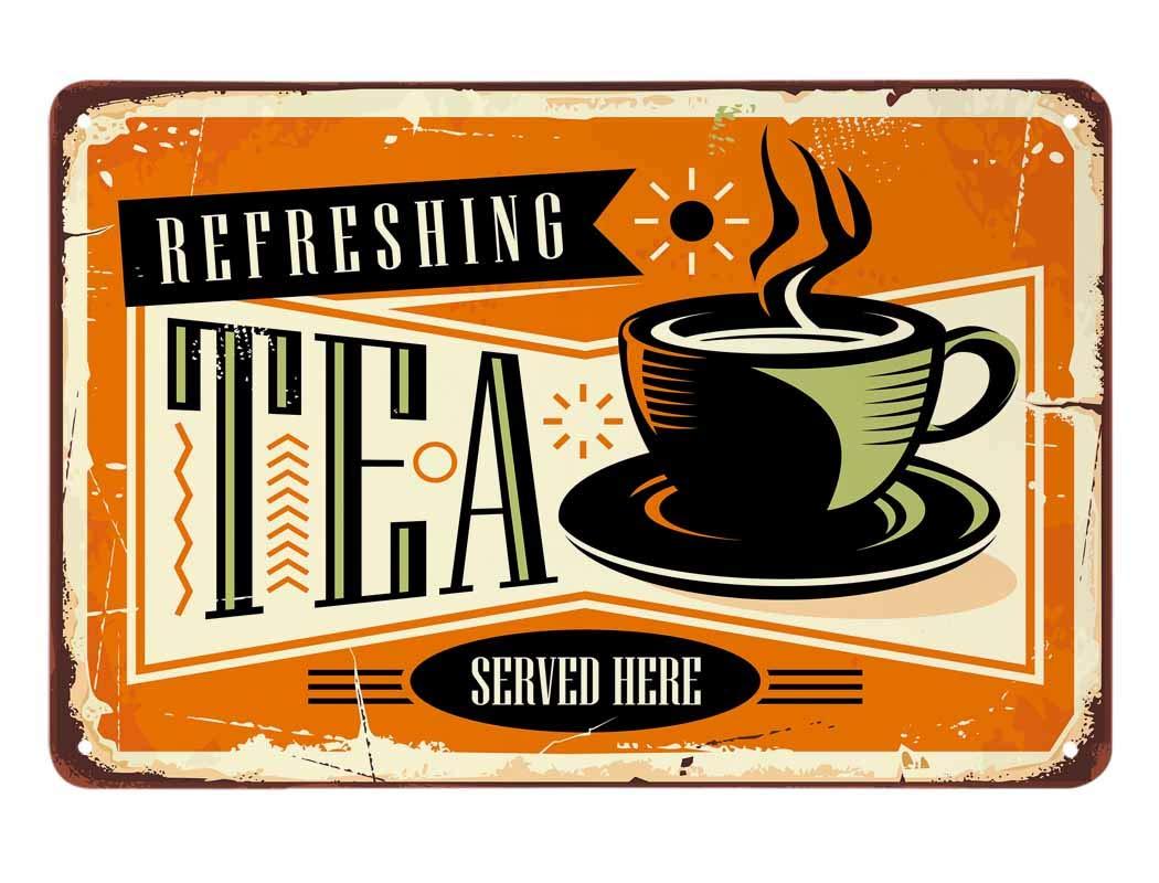AOYEGO Tea Tin Sign,Refreshing Tea Service Here Dark Yellow Vintage Metal Tin Signs for Cafes Bars Pubs Shop Wall Decorative Funny Retro Signs for Men Women 8x12 Inch