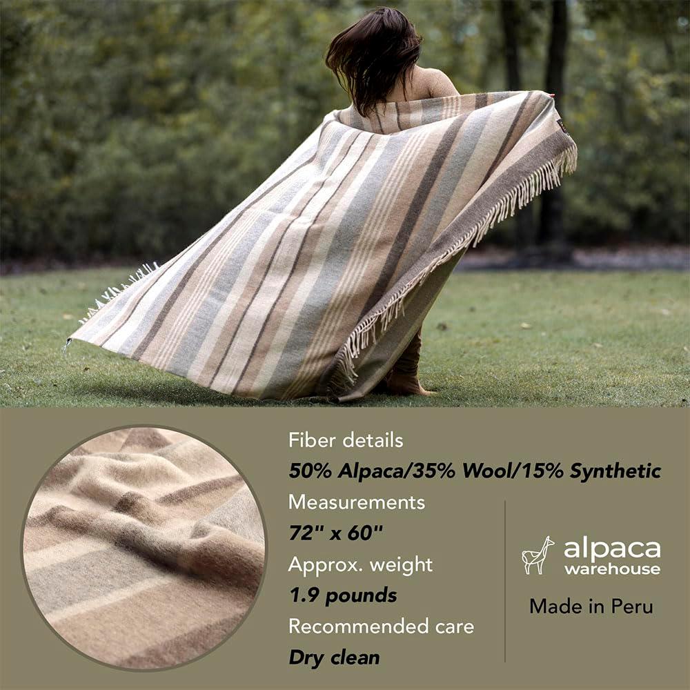 Alpaca Merino Wool Blanket Throw Warm and Soft Multicolor Striped Design Peru (Gray/Steel Blue/Light Green) - Image 5
