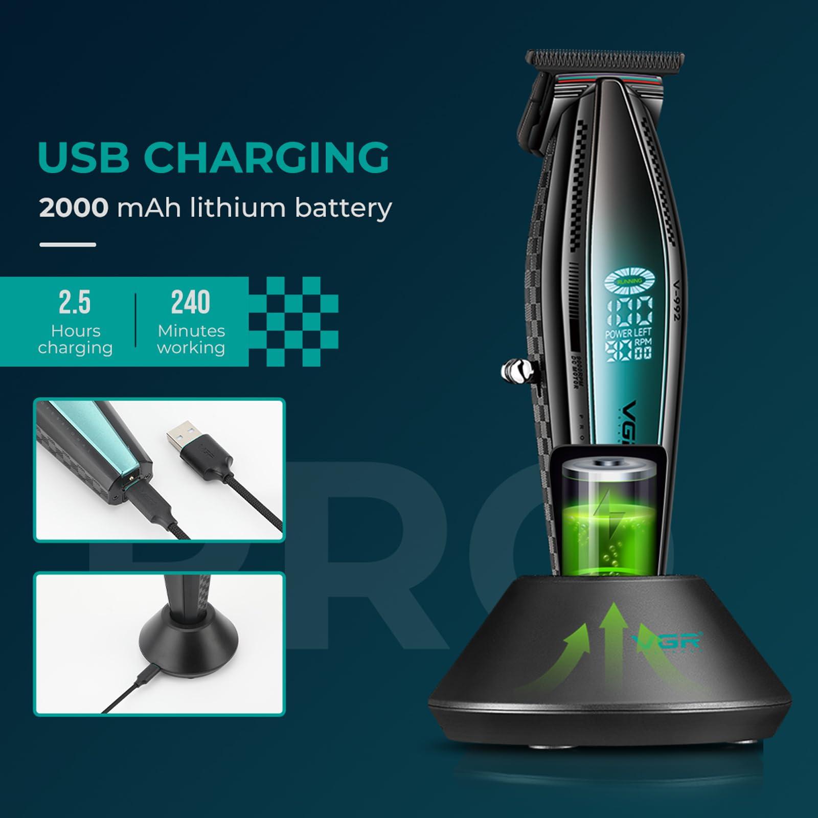 VGR 992 Professional Hair Trimmer for Men Versatile Cordless Zero Gapped Line Up Clipper for Beard Hair T Blade Detailer Outliner Barber Trimmer Metal Body 9000 RPM Rechargeable 240-Minute Run Time - Image 4