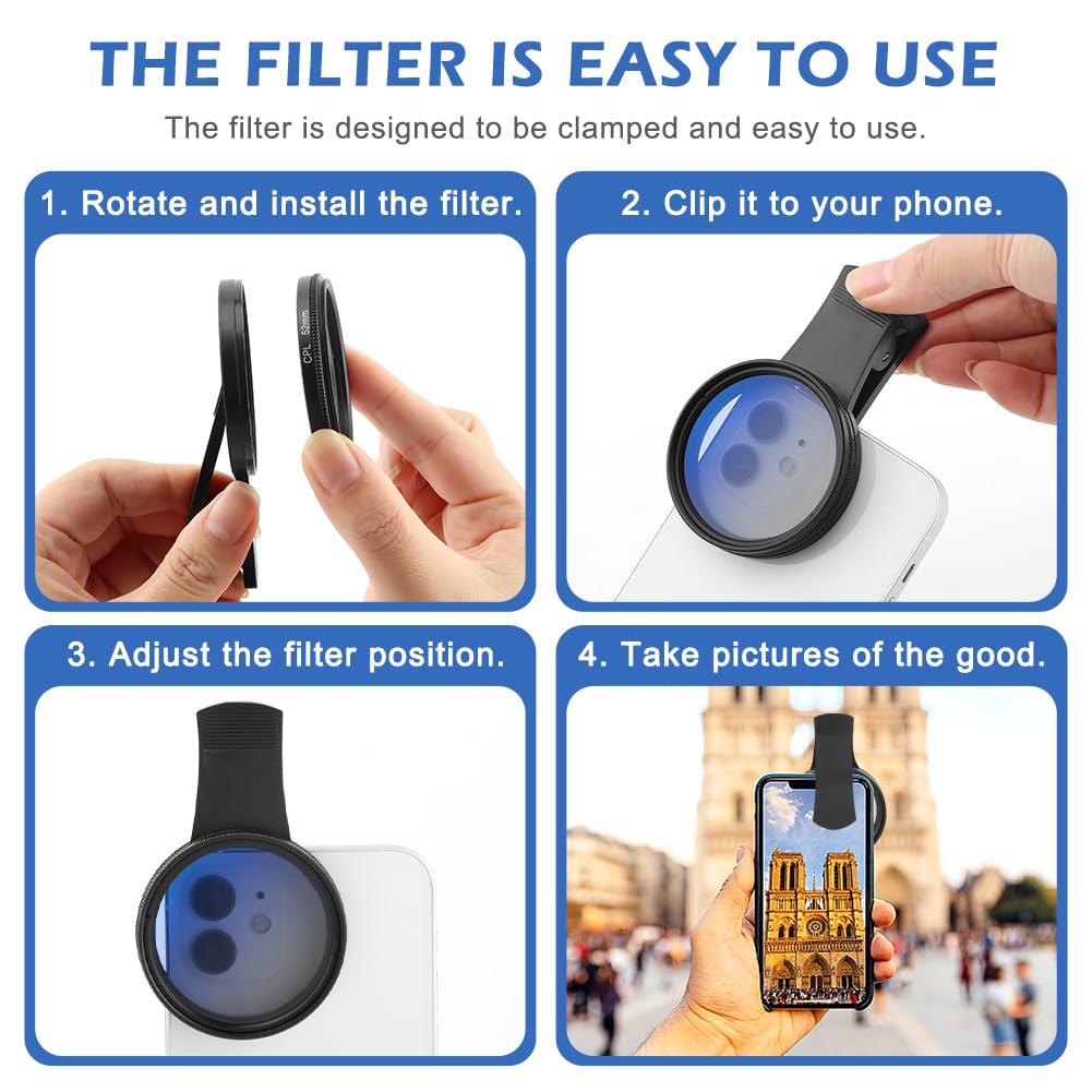 52MM Clip-on CPL Phone Camera Lens Filter Kit, Clip On Polarizer Phone Camera Lens Accessories Ultra Slim Phone Camera Lens Filter with Cleaning Cloth Works with Most Smartphones(Black) - Image 5