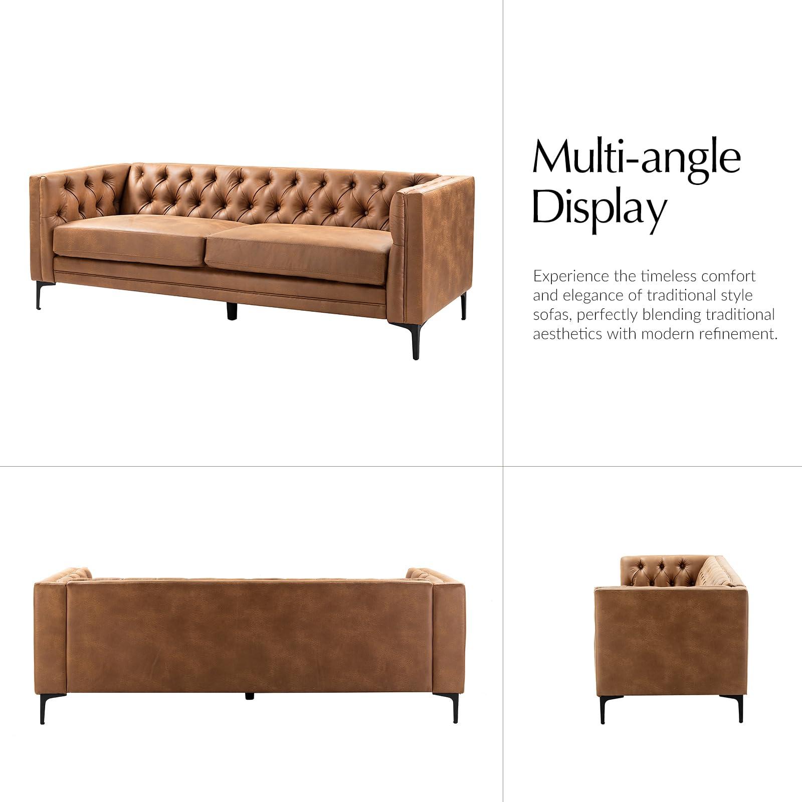 HULALA HOME 84" W Faux Leather Sofa Couch with Metal Legs, Button-Tufted 3-Seater Sofa, Mid Century Modern Upholstered Couch for Living Room, Entertainment Area, Apartment,Camel - Image 5