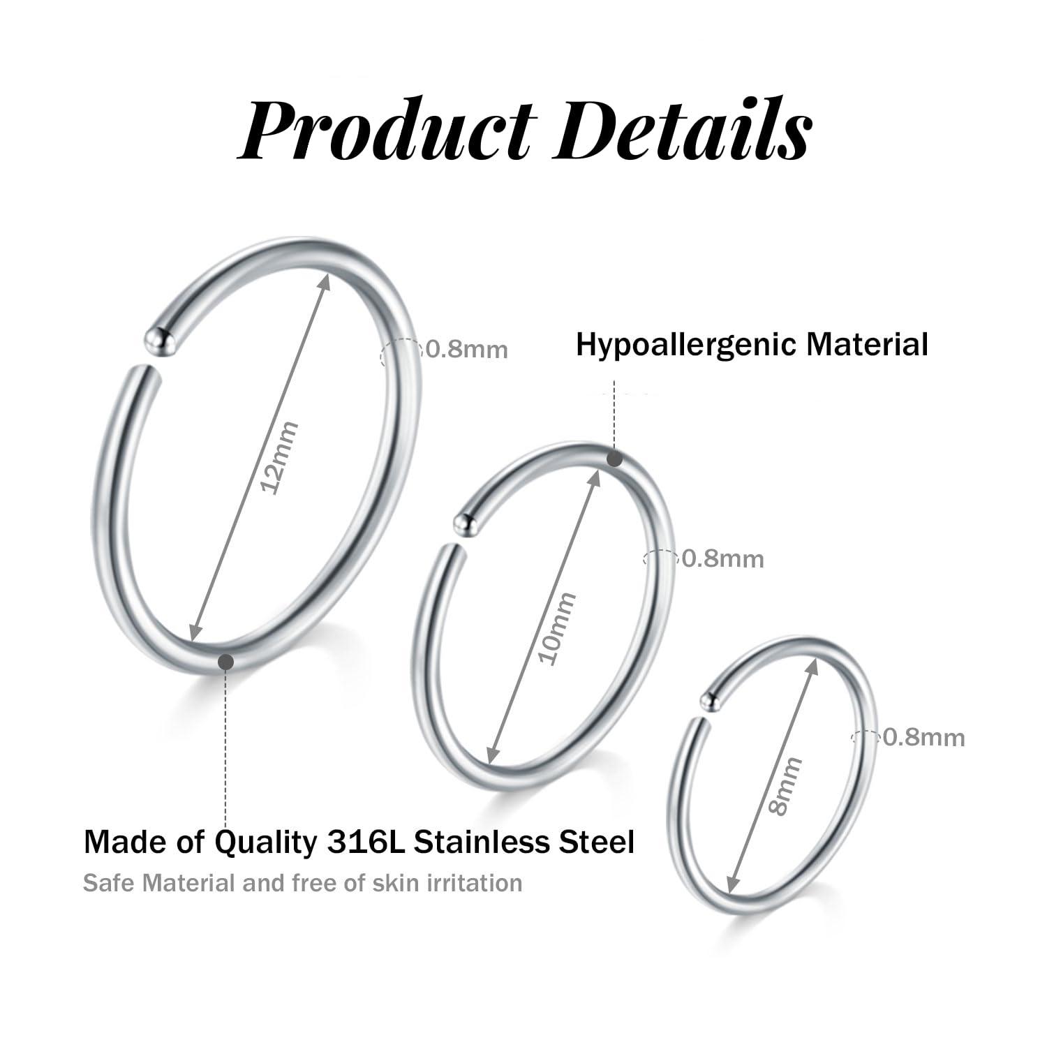 FECTAS Nose Rings Hoops Surgical Steel 18g 20g Gauge 6mm 8mm 10mm 12mm Earrings Piercing Hoops Jewelry for Men Women - Image 2