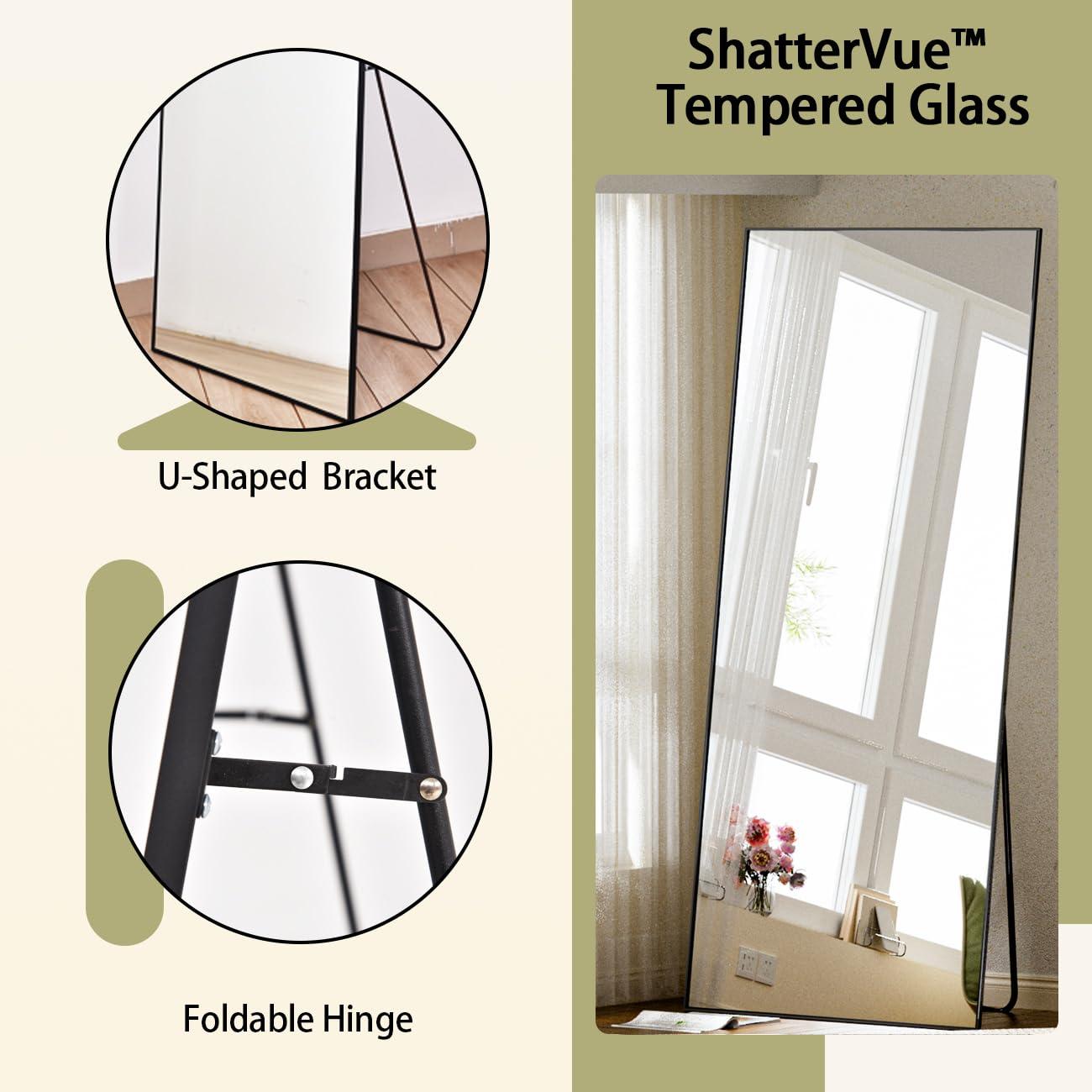 BEAUTYPEAK Full Length Mirror with Stand, 56"x21" Floor Mirror with Aluminum Alloy Thin Frame, ShatterVue Tempered Full Body Mirrors, Free Standing or Wall-Mounted Mirrors for Living Room, Black - Image 5