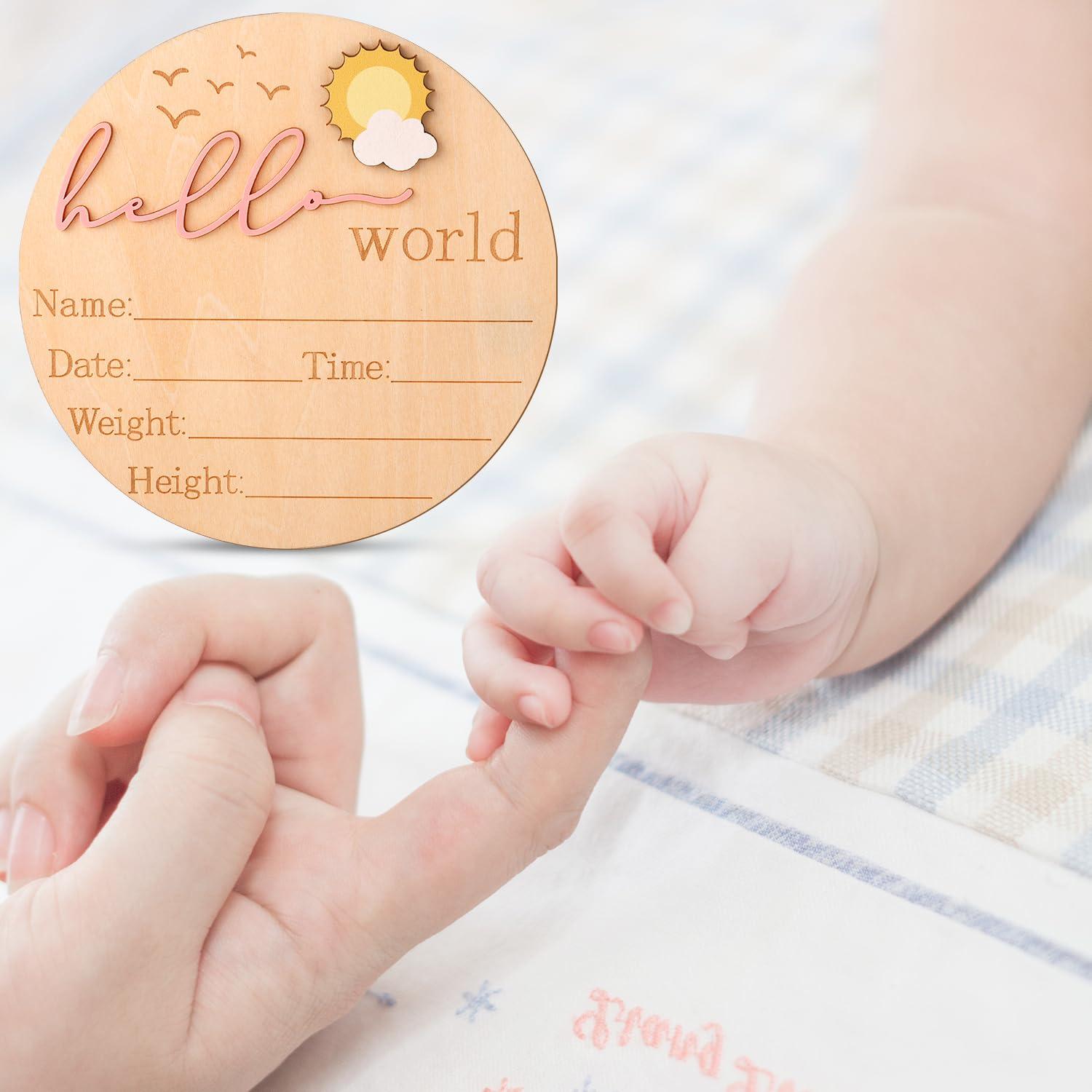 Baby Announcement Sign, 5.83 Inch Wooden Hello World Newborn Sign Cute Welcome Birth Name Plaques Board for Girl Boy Baby Shower Hospital Nursery Photo Prop (Pink) - Image 4