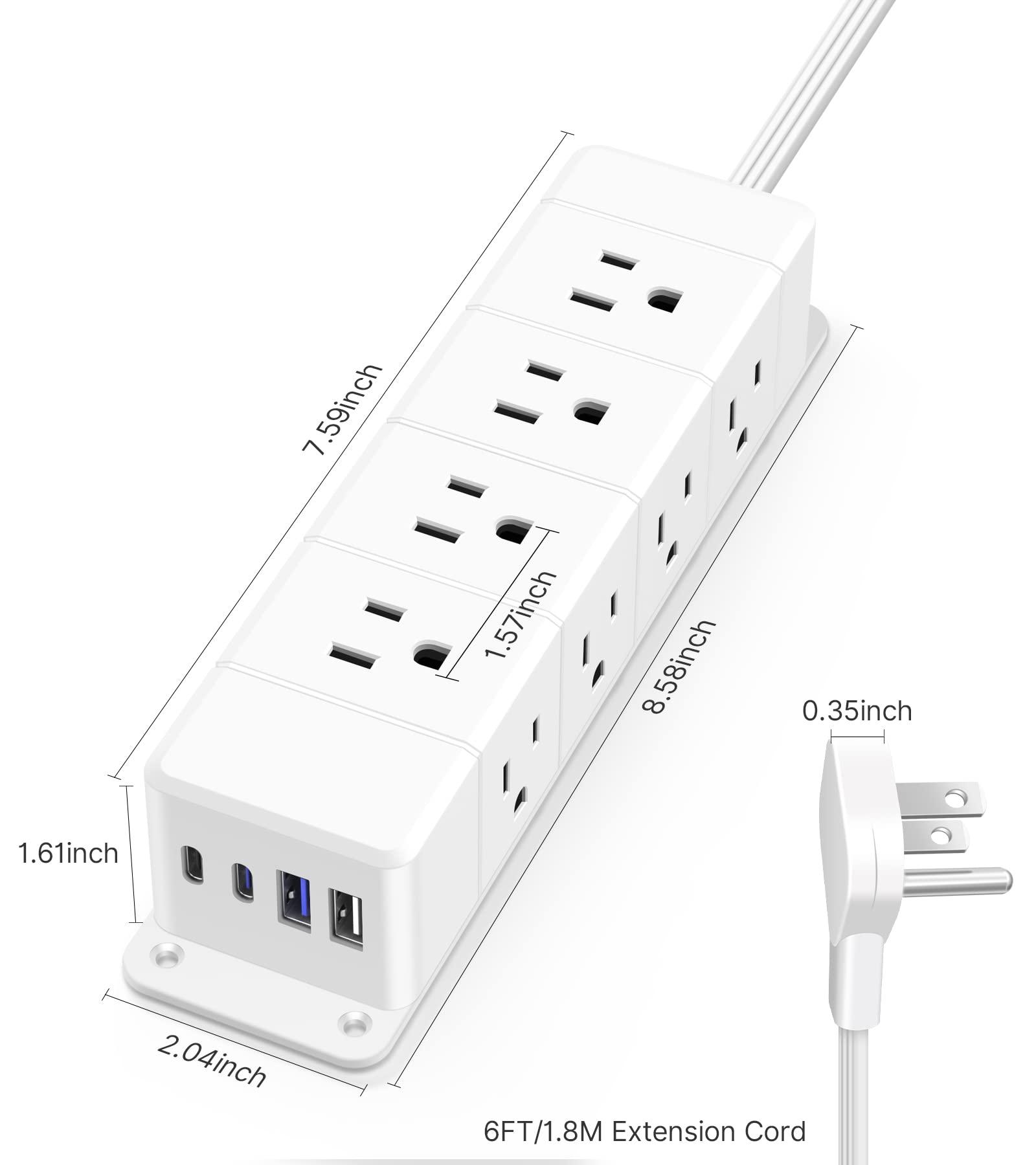 30W USB C Power Strip Surge Protector,Ultra Thin Flat Plug Power Strip 4 Side 12 Outlets,PD Fast Charing,2 USB-C, 2 USB-A(4 USB Total 40W),6ft Slim Extension Cord,16 in 1 Desk Power Bar,1200J White - Image 7