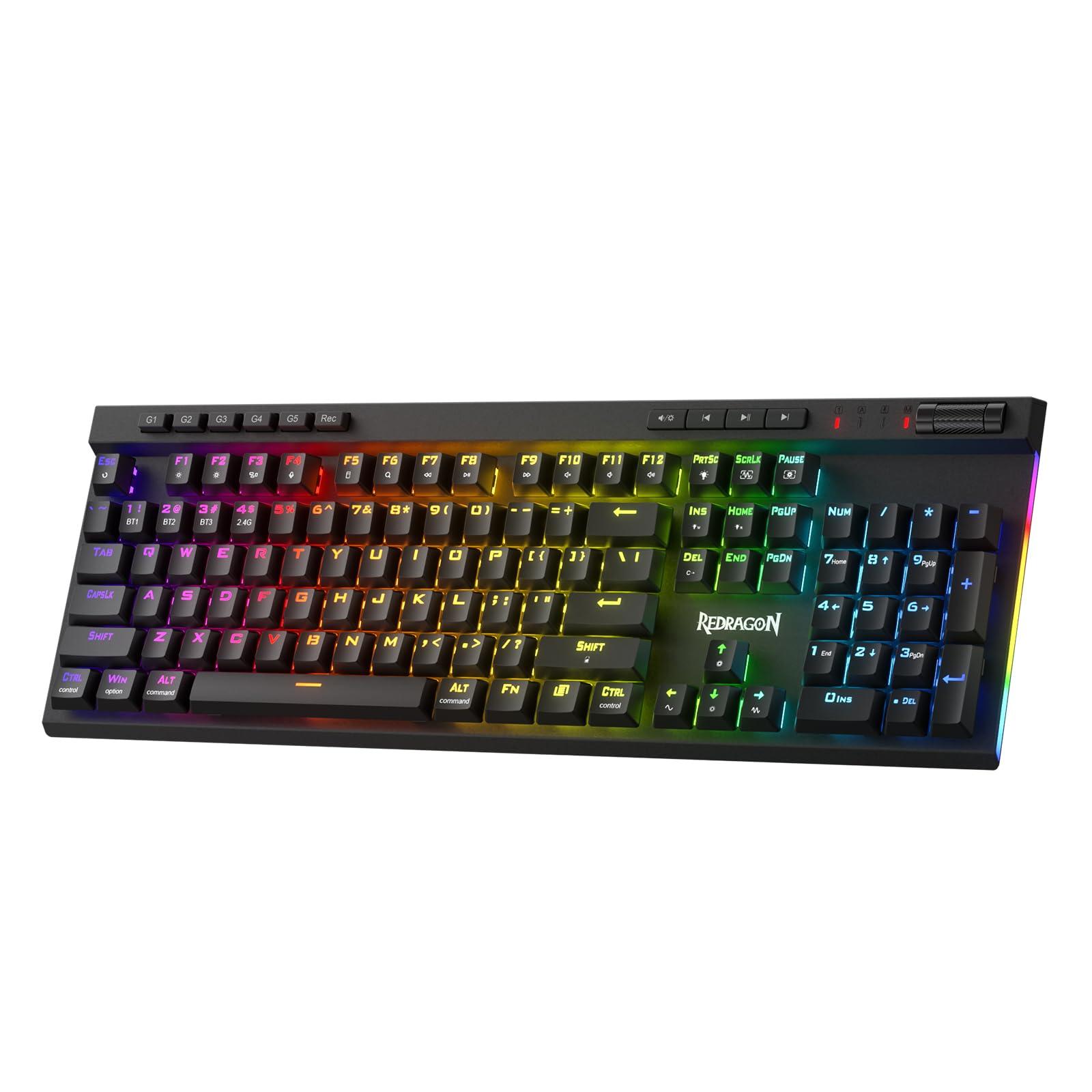 Redragon K580 PRO Wireless RGB Gaming Keyboard, 3-Modes 104 Keys Mechanical Keyboard w/Hot-Swap Socket, Dedicated Media Controls & Onboard Macro Recording, Linear Red Switch