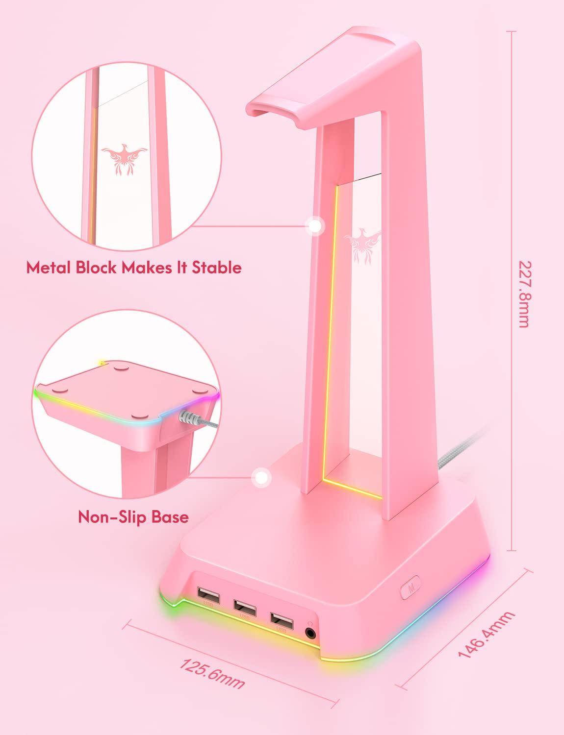 PHNIXGAM RGB Headphone Stand with 3.5mm AUX and 3 Port USB 2.0 Hub, Universal Gaming Headset Hanger Holder for Computer Gaming Gamer Accessories (Pink) - Image 5