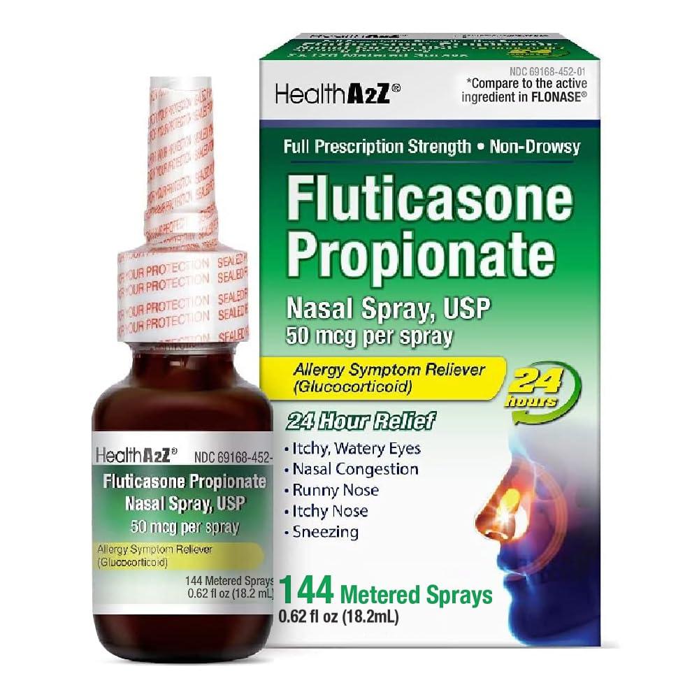 HealthA2Z® Fluticasone Propionate Nasal Spray | 50 mcg per Spray | 24 Hour Allergy Relief | 144 Sprays | 0.62 fl oz. (18.2mL) (0.62 fl oz. (Pack of 1))