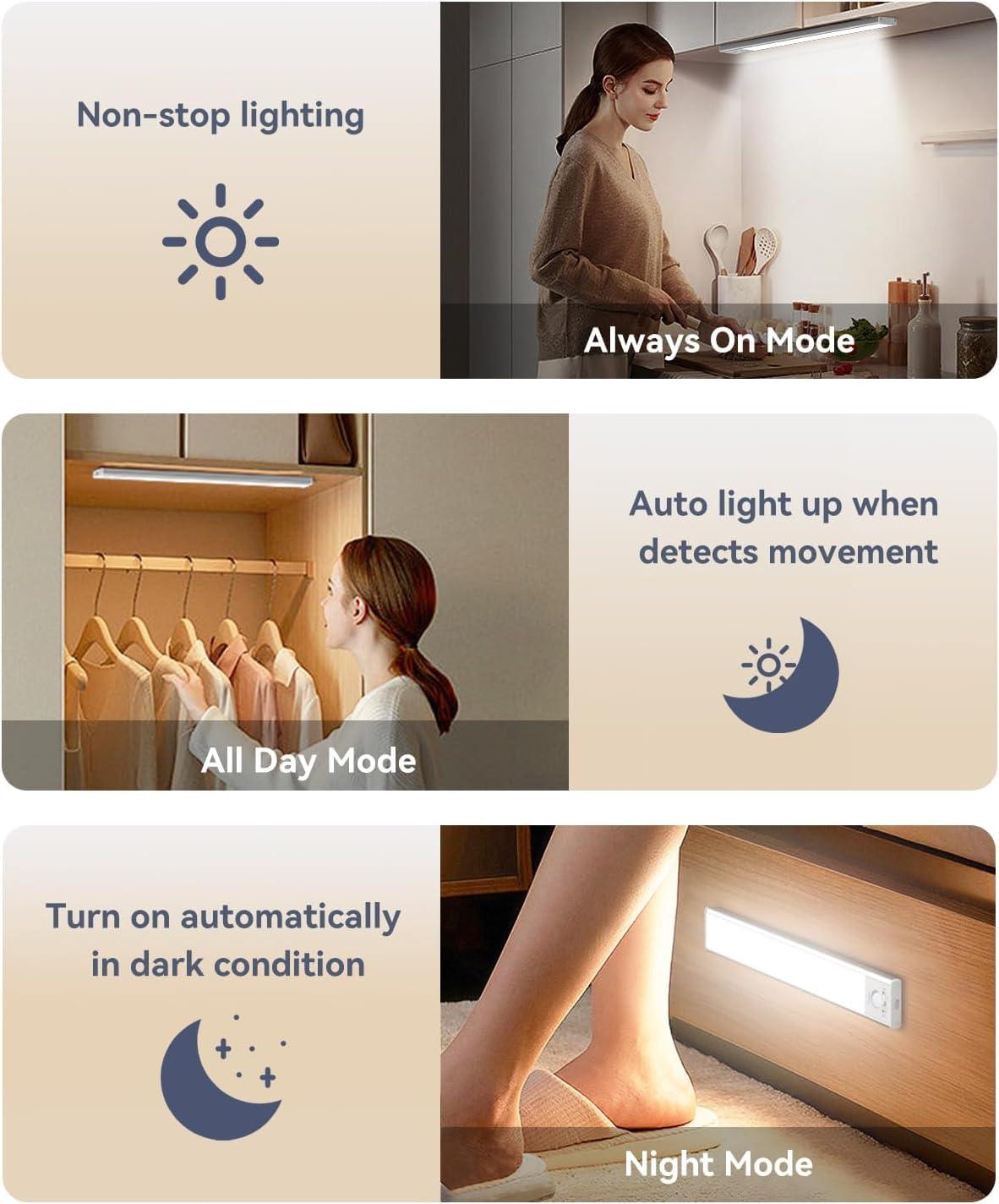 Under Cabinet Lighting, LED Motion Sensor Light Indoor, 2200mAh USB Rechargeable Closet Lights Battery Operated, Stick On Magnetic Wireless Dimmable Under Counter Lights for Kitchen, Stairs (2 Pack) - Image 2