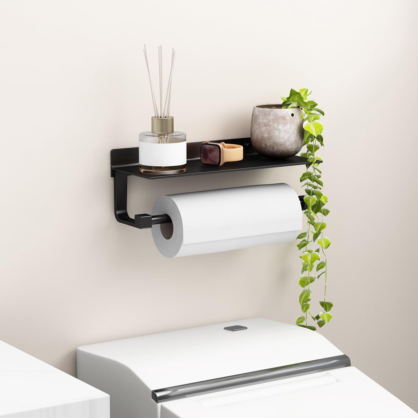 Danpoo Wall Mount Paper Towel Holder with Shelf for Bathroom/Kitchen, Adhesive Hand Towel Holder, Matte Black - Image 5