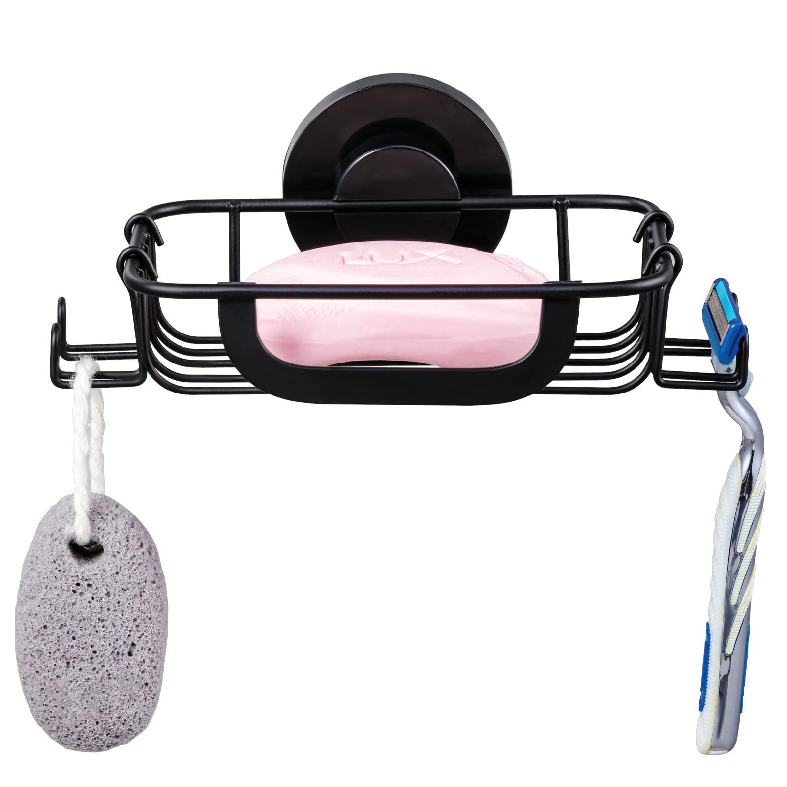 TAILI Soap Holder Dish Suction Cup with Hooks, Soap Saver Tray for Shower Wall, Bathroom, Tub, Rustproof Stainless Steel Sponge Holder for Kitchen, Drill-Free, Bathroom Shower Accessories(Black)