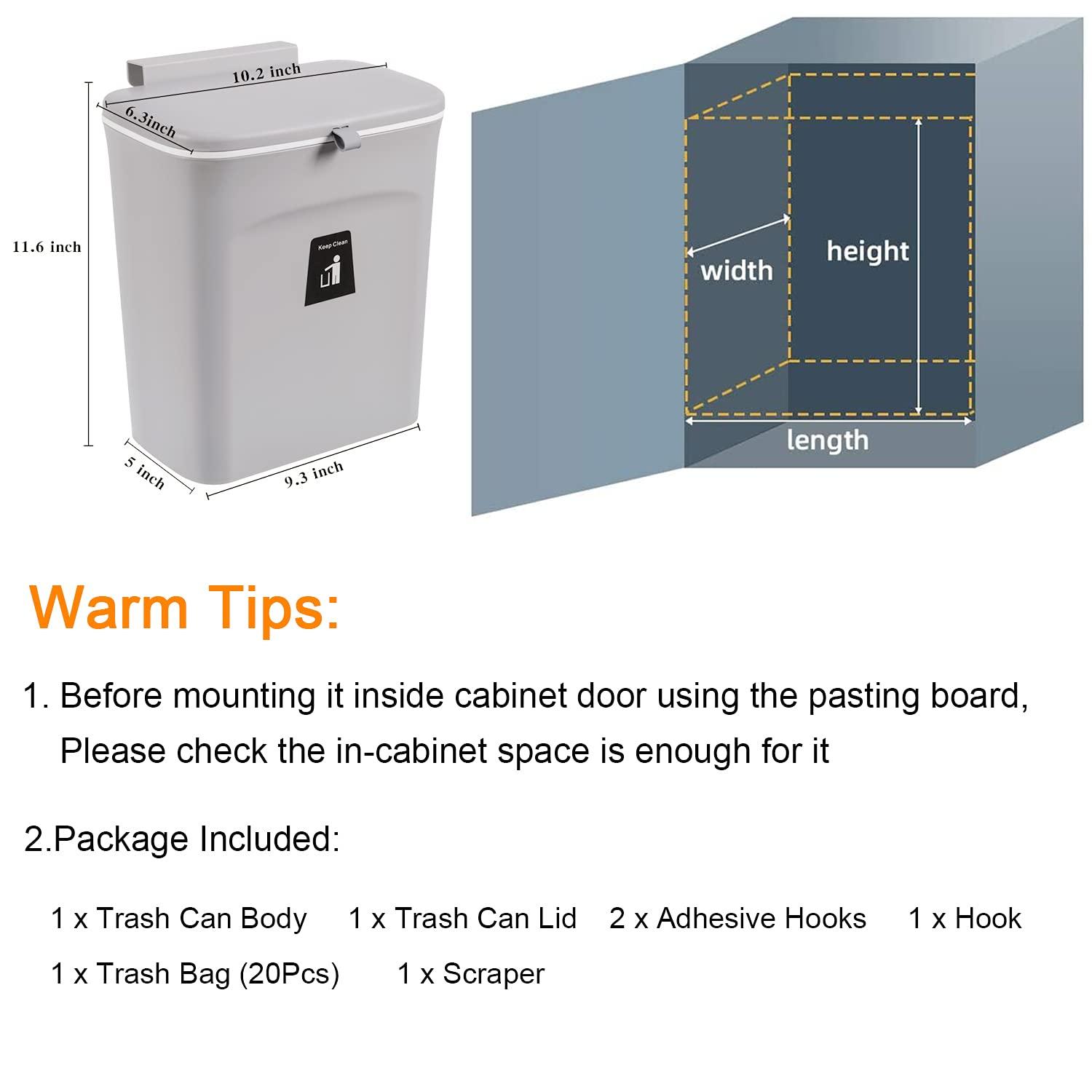 Tiyafuro 2.4 Gallon Kitchen Compost Bin for Counter Top or Under Sink, Hanging Small Trash Can with Lid for Cupboard/Bathroom/Bedroom/Office/Camping, Mountable Indoor Compost Bucket, Gray - Image 2