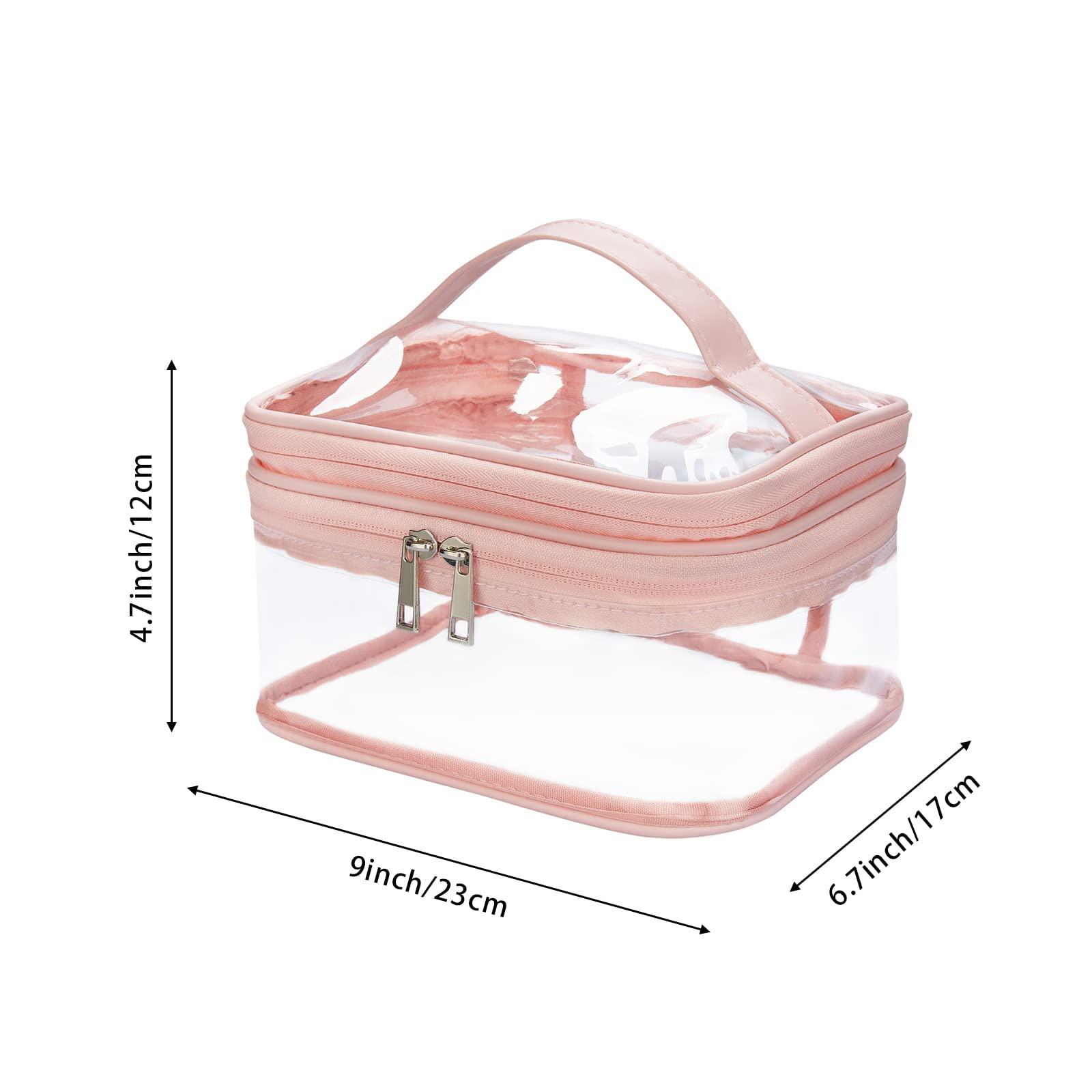 HAOGUAGUA Double Layer Clear Cosmetic Bag Makeup Bag, Waterproof Travel Toiletry Bag, Transparent PVC Hair & Nail Accessories Pouch Beach Bag Organizer (Pink) - Image 2