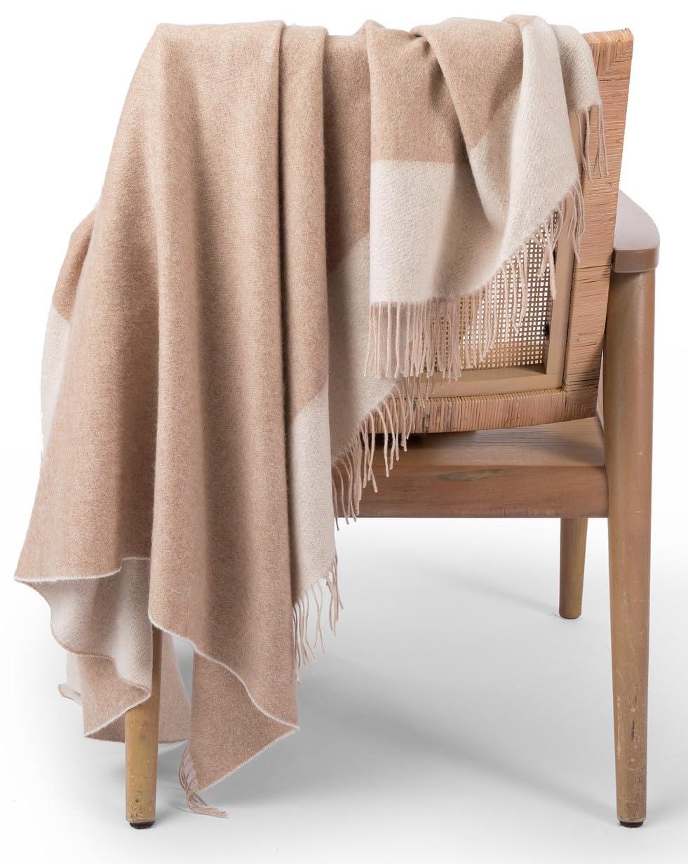 Jet&Bo 100% Cashmere Throw Blanket, Natural Undyed Cashmere, Large 67"x57", Reversible Jacquard Design, Soft and Cozy, Neutral Colors with Fringe