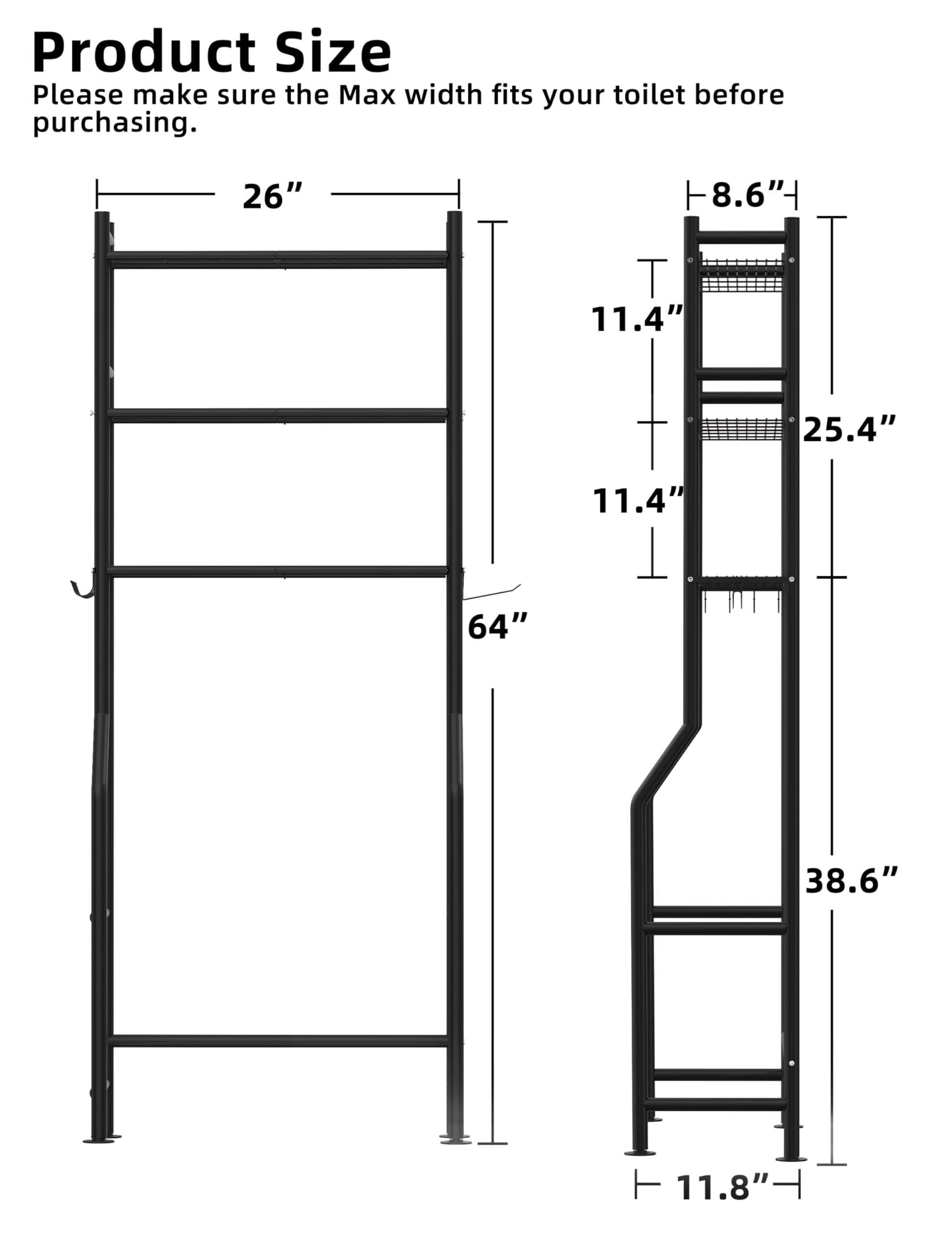 Livilord 3-Tier Over The Toilet Storage, Freestanding Metal Bathroom Shelves with 4 Hooks, Over Toilet Storage Shelf with Paper Holder, Above The Toilet Shelf for Bathroom Storage, Black - Image 3