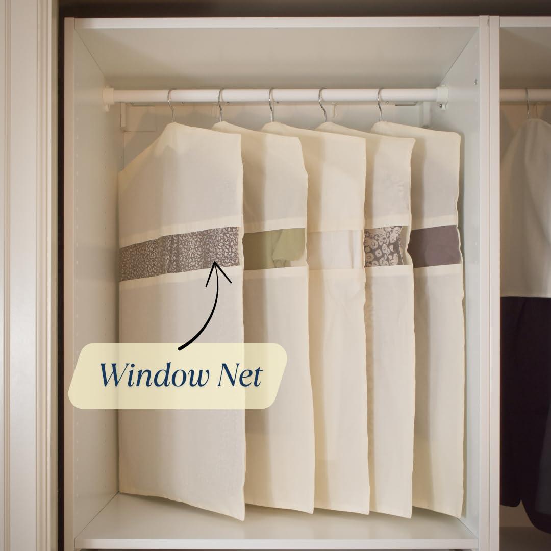 Forever Cotton Garment Bag Covers - Set of 5 | 22x40" Dustpoof Canvas Hanging Storage Bags with Net Window & YKK Full Length Zip Closure | Wordrobe Organizer For Suits, Coats, Saree, Dresses & Travel - Image 5